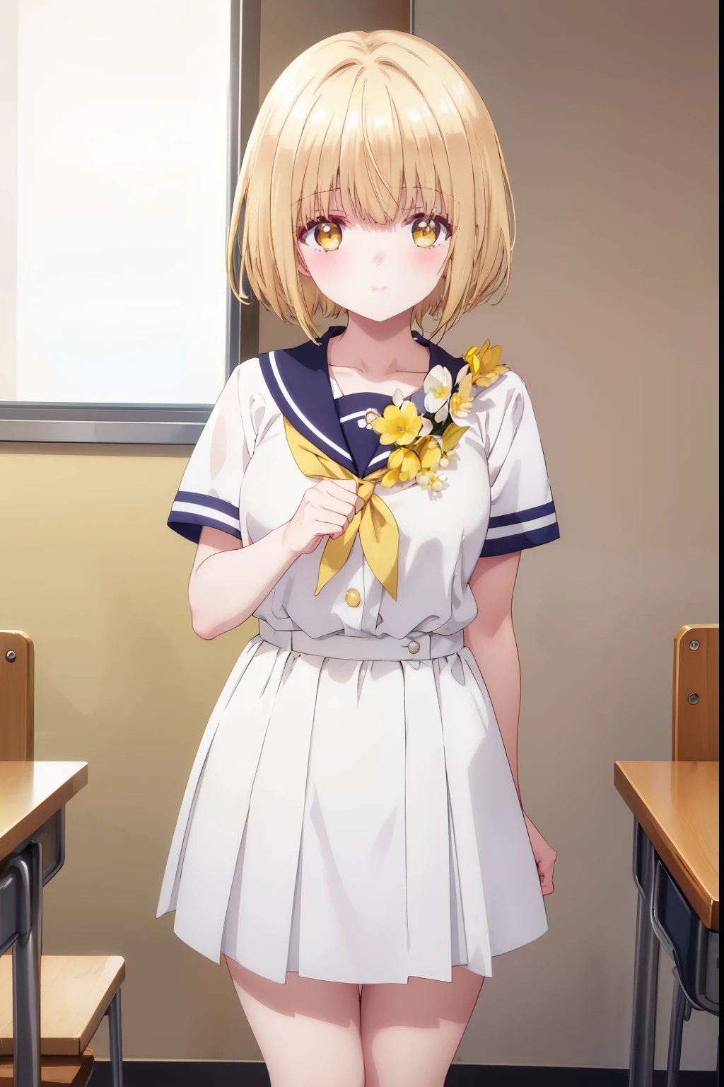 Mahiru shiina, , blonde, (Yellow Eyes:1.3)、Half Bob Hair,,blush,smile,Daytime、At school、School classroom、Captivating thighs、Beautiful bare legs, Short-sleeved sailor suit、Very cute
(masterpiece:1.2), highest quality, High resolution, unity 8k wallpaper, (shape:0.8), (Beautiful and beautiful eyes:1.6), Highly detailed face, Perfect lighting, Highly detailed CG, (Perfect hands, Perfect Anatomy),