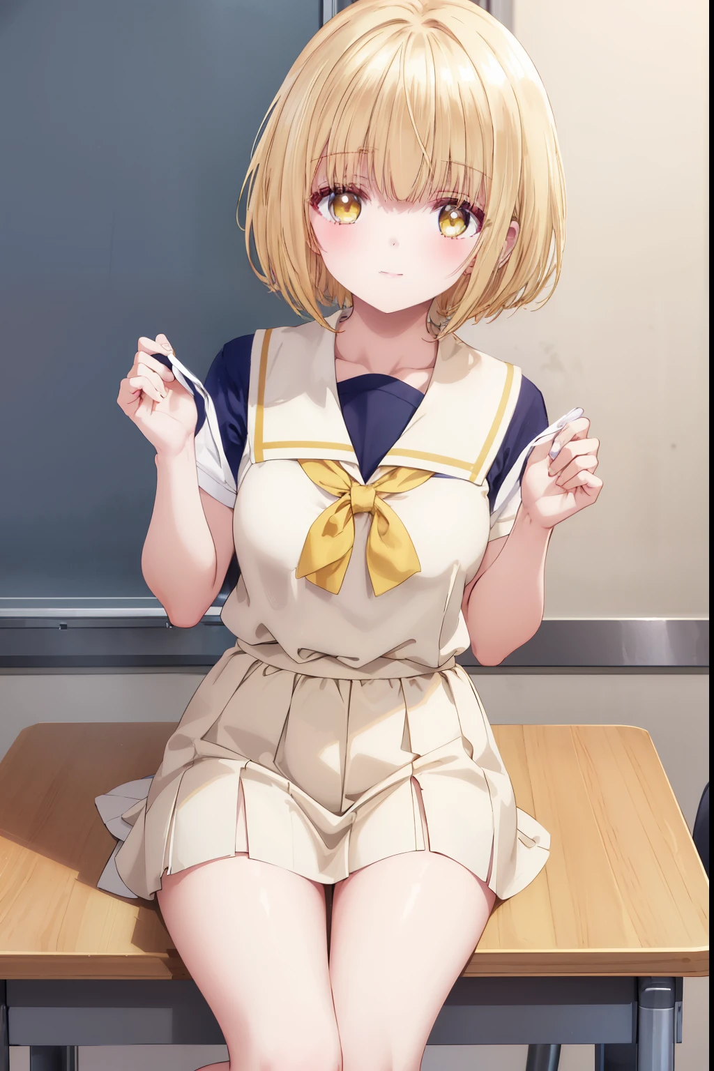 Mahiru shiina, , blonde, (Yellow Eyes:1.3)、Half Bob Hair,,blush,smile,Daytime、At school、School classroom、Captivating thighs、Beautiful bare legs, Short-sleeved sailor suit、Very cute
(masterpiece:1.2), highest quality, High resolution, unity 8k wallpaper, (shape:0.8), (Beautiful and beautiful eyes:1.6), Highly detailed face, Perfect lighting, Highly detailed CG, (Perfect hands, Perfect Anatomy),