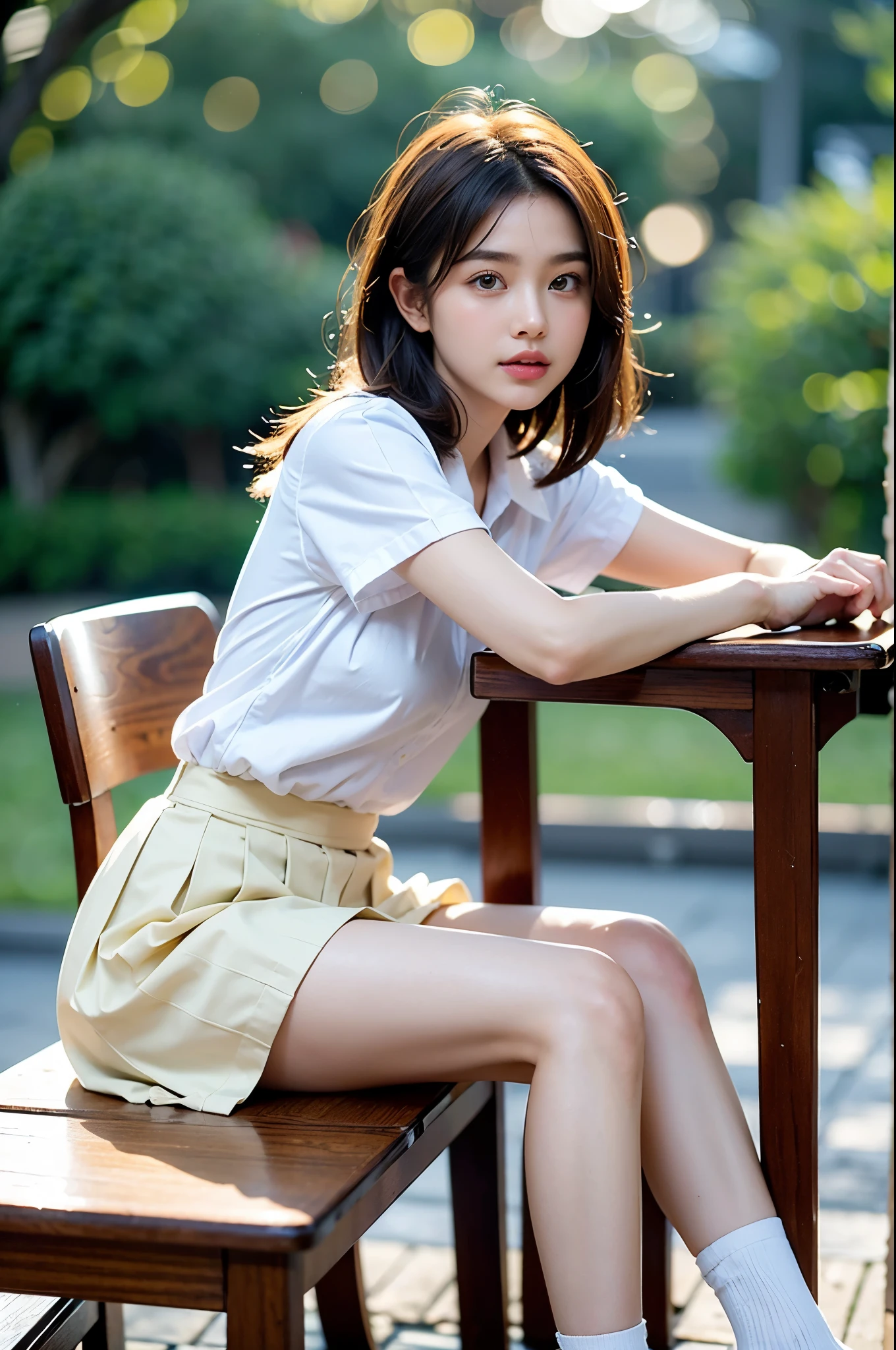 ((full body)), (side-view:0.5), (Professional lighting, light on face), (1 girl), ((bored)), cute little, perfect slim body, looking at viewer, (extremely detailed eye and face, beautiful detailed nose, Beautiful detailed eyes), (beauty knee, white thighs), japanese high school student woman, (classroom, wooden desk and wooden chair), ((School Uniform, Short sleeve uniform white shirt)), 18 years old, (semi long hair, bob hair, short hair, hair sidelocks), (Bokeh:1.5)