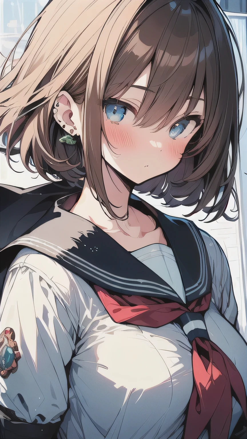 (best quality), (Super detailed), (Best Illustration), (masterpiece), (woman), high contrast, {(serafuku:1.2)}, (large breasts), {brown hair, (sideburns), (bob cut:1.3), curly hair, hairs between eyes, colored inner hair}, {(detailed eyes), blue eyes}, blush, earring, wind, (botanical railroad)