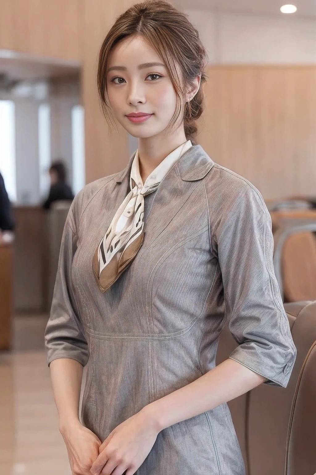 (masterpiece:1.2、highest quality:1.2)、32K HDR、High resolution、(alone、1 girl、Slim figure)、（Realistic style with Starlux Airlines uniform）、 (In the airport lounge, Professional Lighting)、（Starlux Airlines silver uniform:1.4）、（Starlux Airlines silver uniform with short sleeves）、（scarf on chest）、Big Breasts、（Long hair updo、Long hair tied back in a chignon）、Dark brown hair、Long Shot、（（Fine hand：2.0））、（（Harmonious body proportions：1.5））、（（Normal limbs：2.0））、（（Normal finger：2.0））、（（Delicate eyes：2.0））、（（Normal eyes：2.0））)、Beautiful standing posture