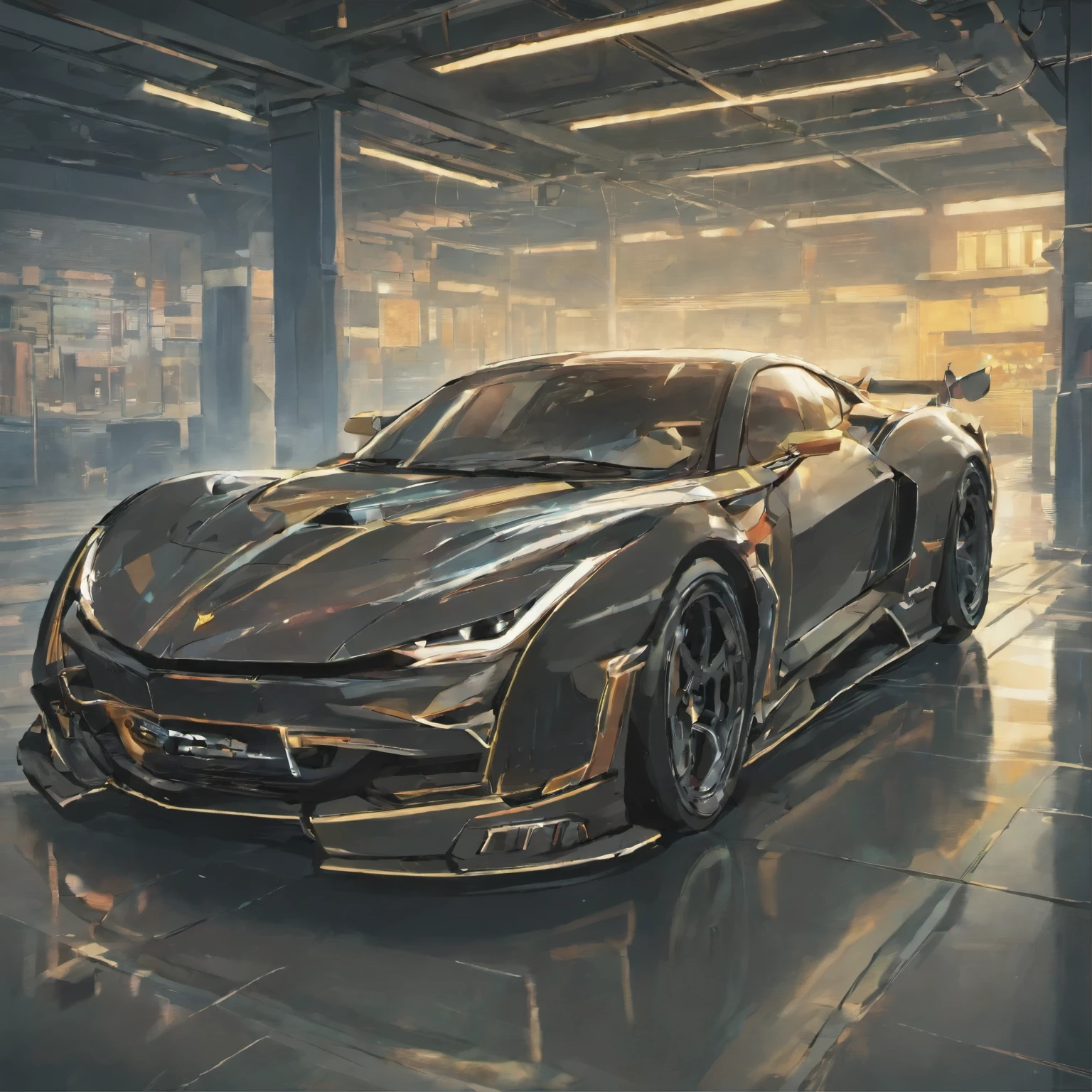 Electric Batmobile Muscle Car，Have on street，street，overthrow，Fragmentation，Ruins Background，Detailed background