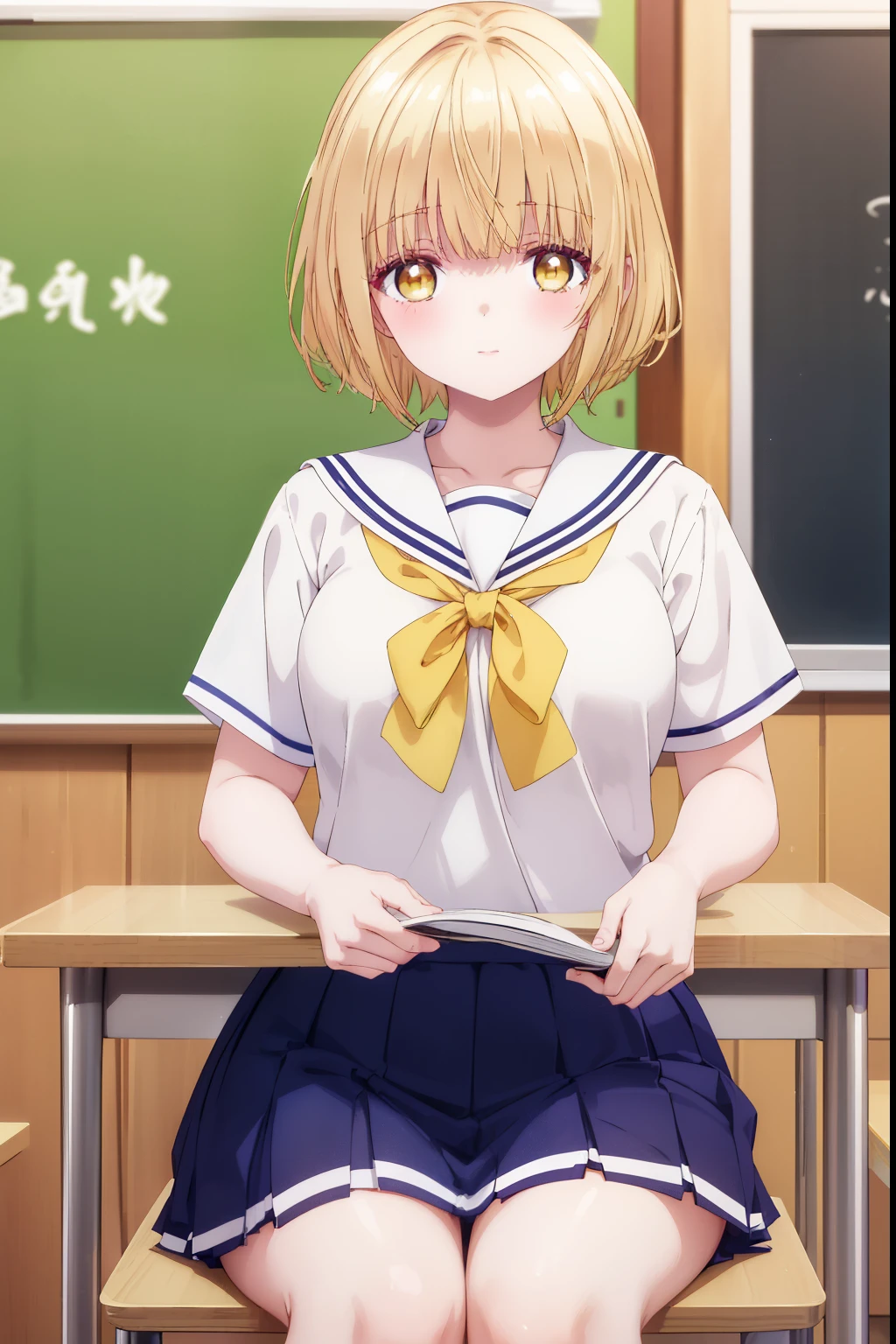 Mahiru shiina, , blonde, (Yellow Eyes:1.3)、Half Bob Hair,,blush,smile,Daytime、At school、School classroom、Captivating thighs、Beautiful bare legs, Short-sleeved sailor suit、Very cute、Wearing a miniskirt
(masterpiece:1.2), highest quality, High resolution, unity 8k wallpaper, (shape:0.8), (Beautiful and beautiful eyes:1.6), Highly detailed face, Perfect lighting, Highly detailed CG, (Perfect hands, Perfect Anatomy),