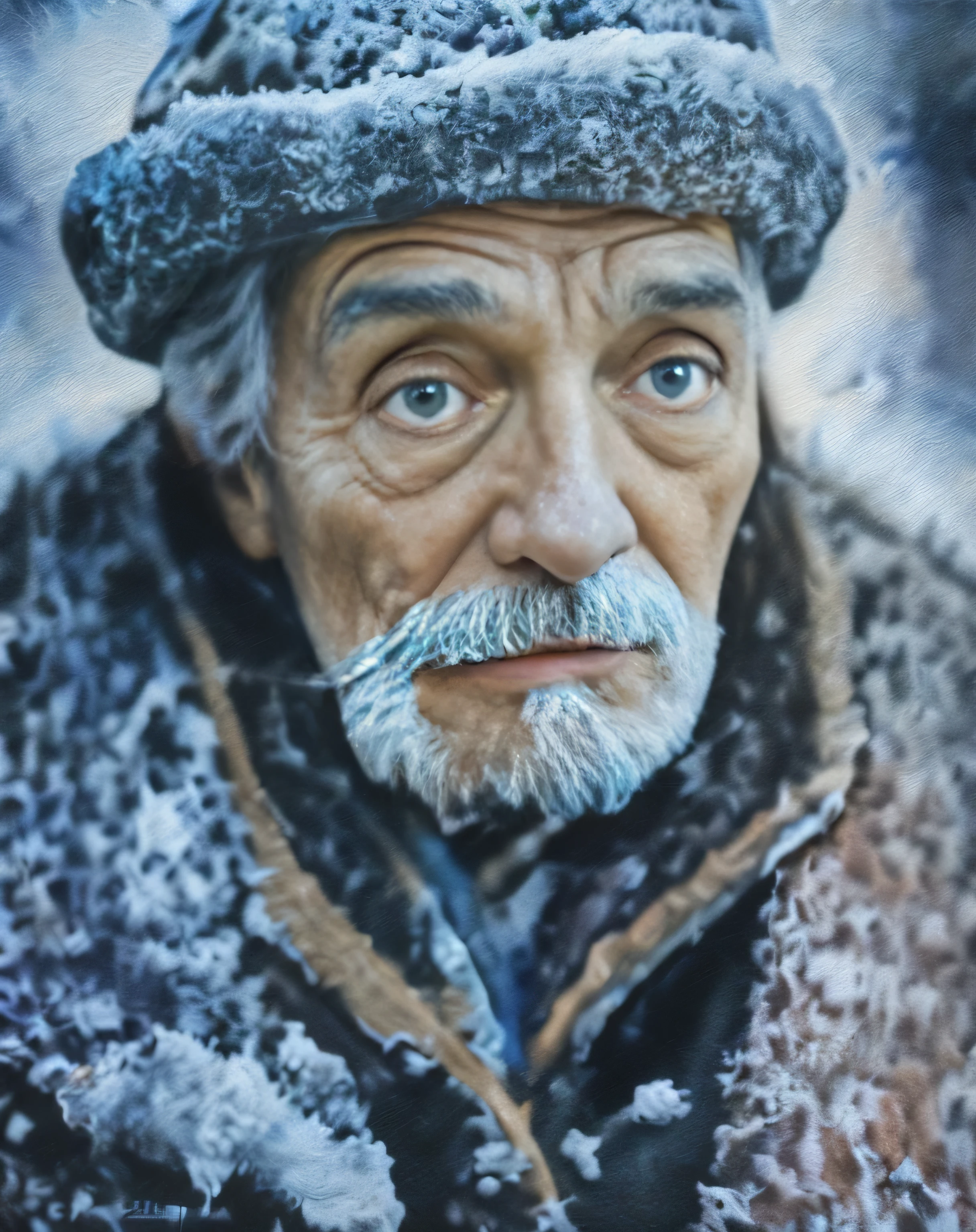 Beard in the snow、Arafad man wearing hat, very realistic digital art, highly realistic digital art, ultra realistic digital art, ultra-realistic digital art, hyper realistic digital art, hyperrealistic digital art, extremely detailed portrait, ultrarealistic digital art, Surrealist digital painting, author：Herakli Nadal, Ultra-realistic numbers, realistic digital art