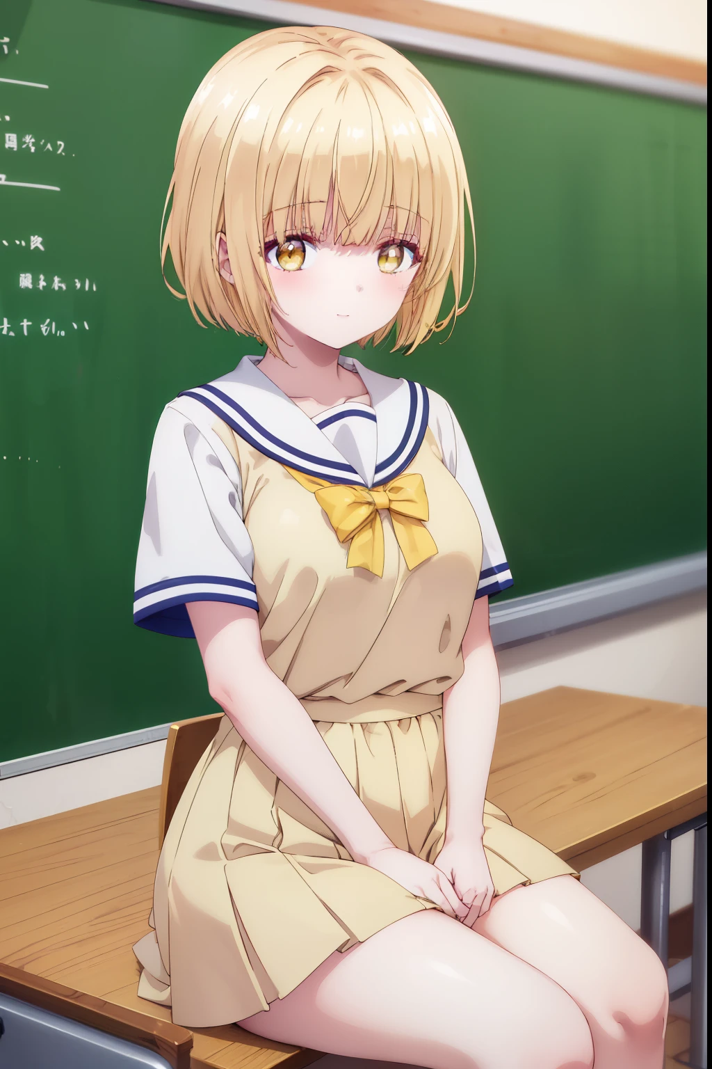 Mahiru shiina, , blonde, (Yellow Eyes:1.3)、Half Bob Hair,,blush,smile,Daytime、At school、School classroom、Captivating thighs、Beautiful bare legs, Short-sleeved sailor suit、Very cute、Wearing a miniskirt
（masterpiece:1.2), highest quality, High resolution, unity 8k wallpaper, (shape:0.8), (Beautiful and beautiful eyes:1.6), Highly detailed face, Perfect lighting, Highly detailed CG, (Perfect hands, Perfect Anatomy),