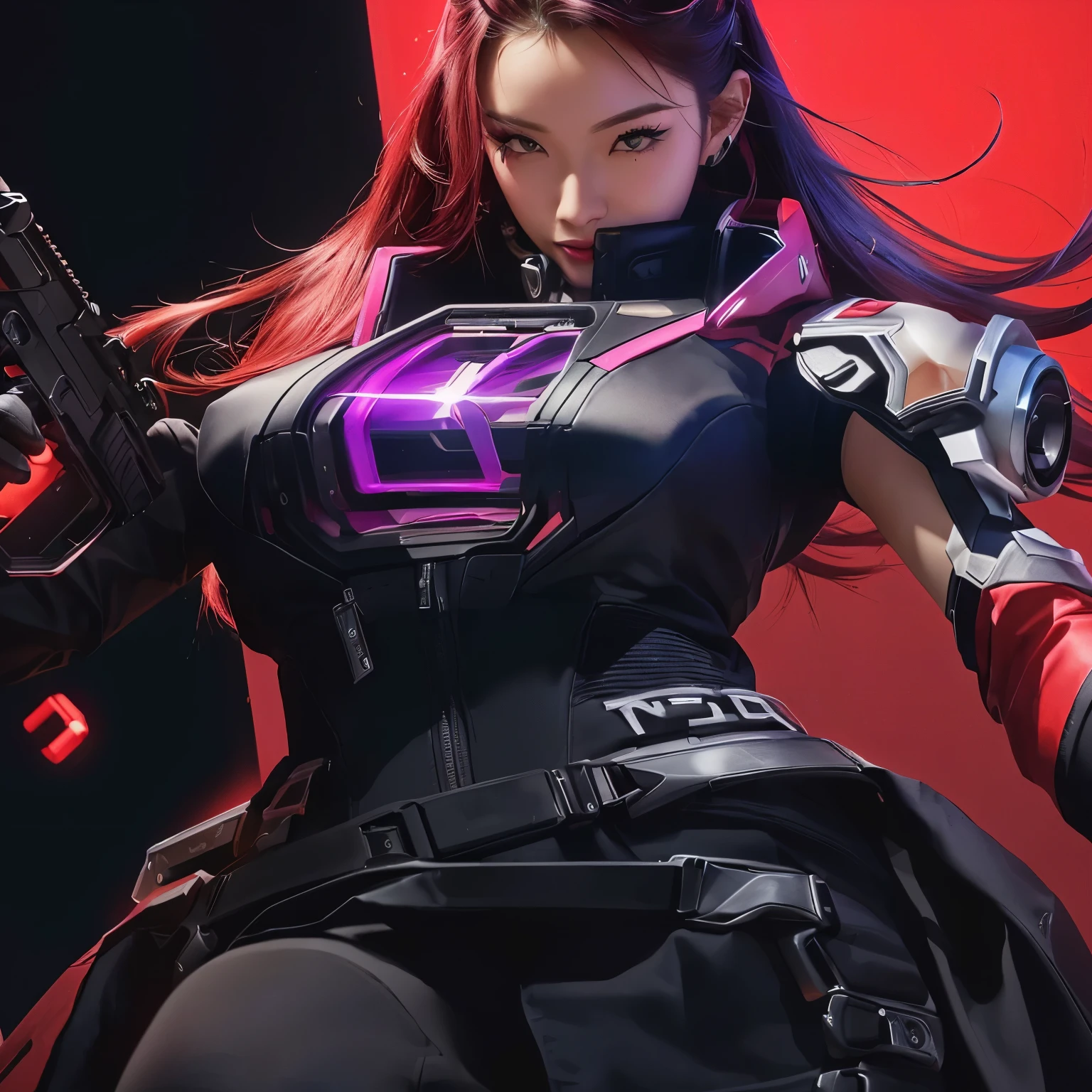 a close up of a woman holding a gun in a red background, rossdraws 1. 0, rossdraws cartoon vibrant, rossdraws 2. 0, rossdraws | afrofuturism, rossdraws 2. 5, :: rossdraws, rossdraws and jazza, samira from league of legends, inspired by rossdraws, cyberpunk 2077 rossdraws