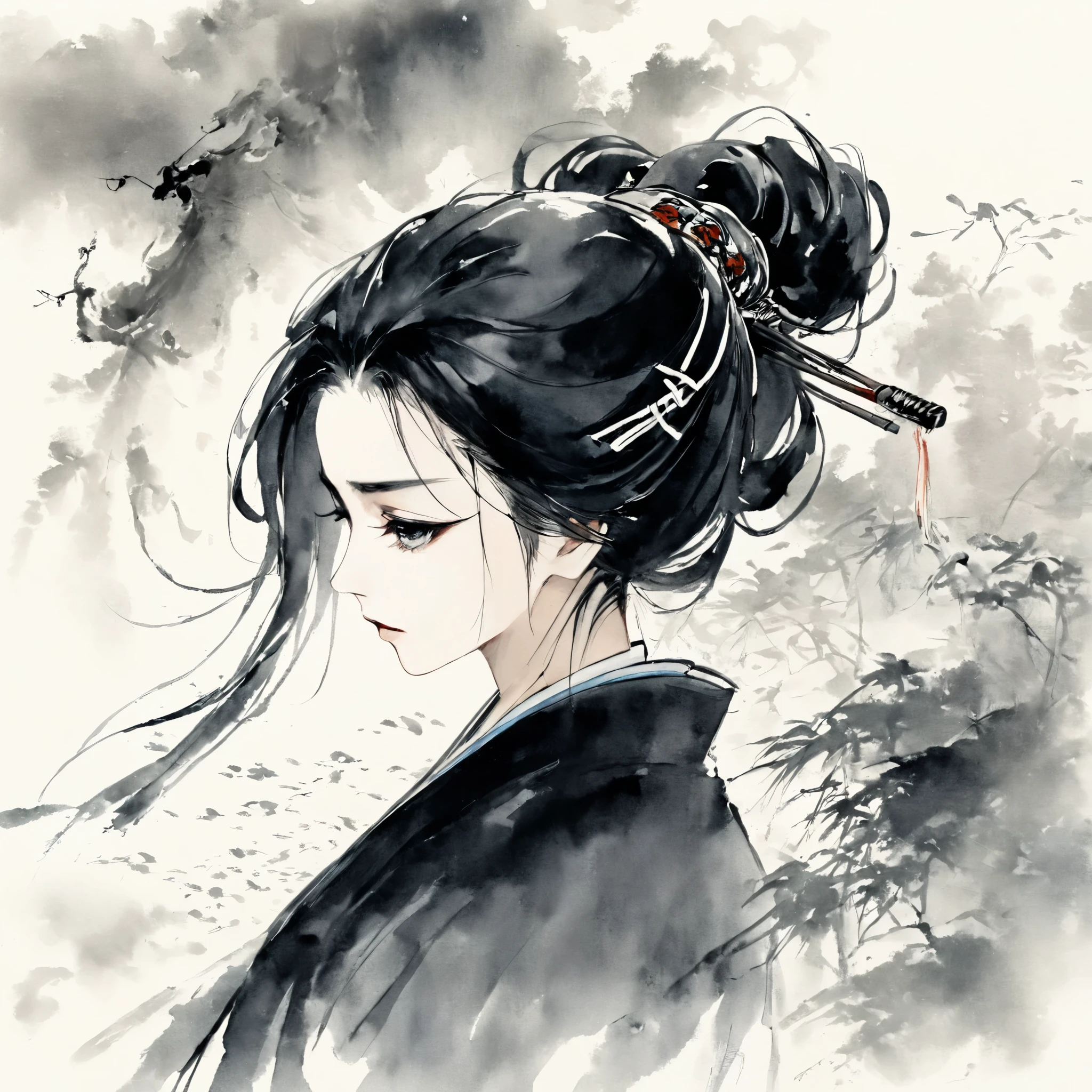 An ancient Chinese Taoist woman, wearing black chivalrous clothes, black hair with high hairpin hairstyle, cold expression, eyes down, frontal half-length shot, white background, highest quality, masterly writing style, graphic illustration, brush and ink painting style, big brush strokes, blurred eyes, white space, chinese painting, chinese art