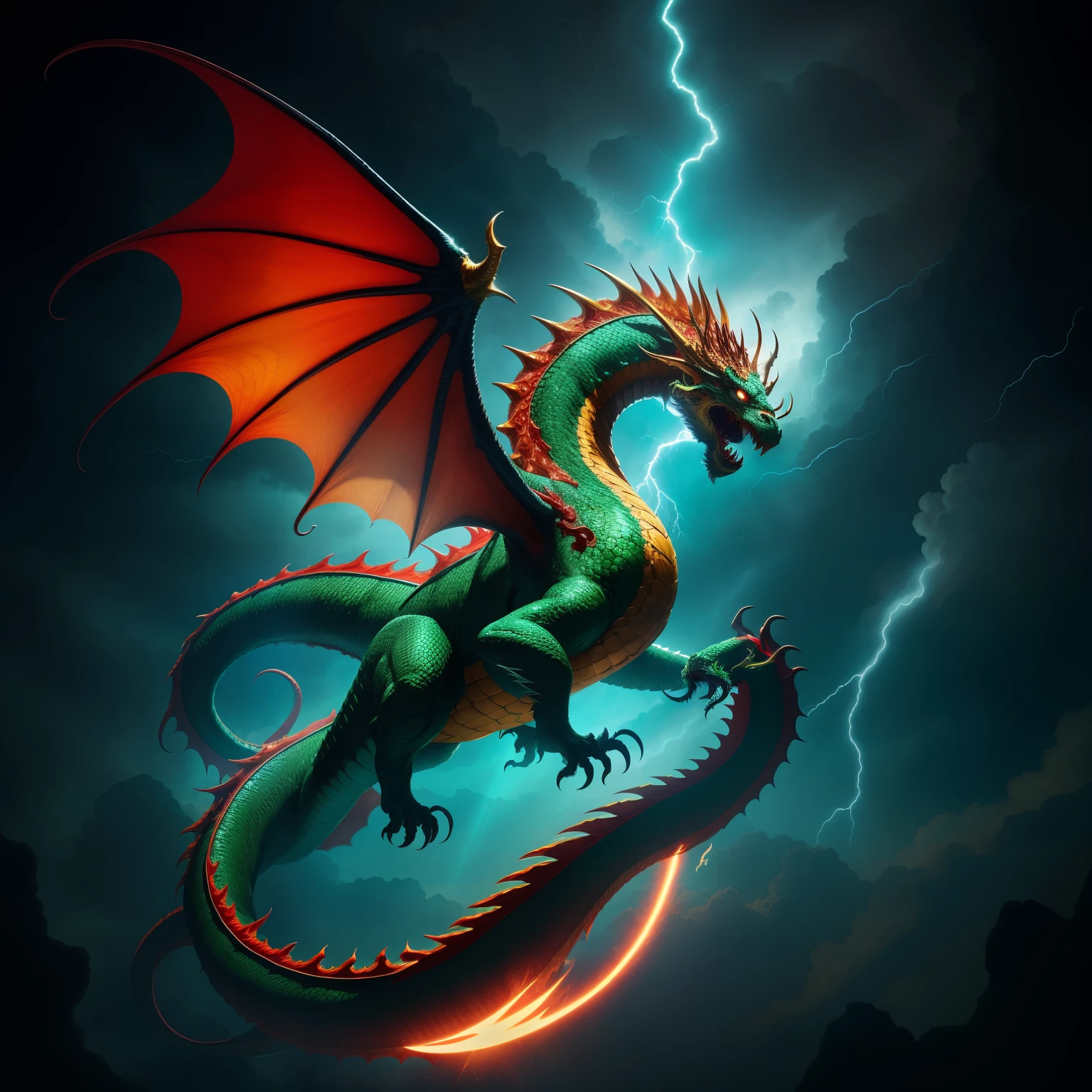 A magnificent and awe-inspiring Dragon God, intricately carved in vibrant, shimmering jade, adorned with gold and precious jewels. Its immense wingspan spread wide, engulfed in mostly cloudy skies, with occasional flashes of lightning illuminating the scene. The Dragon God's eyes glowed profoundly with a fiery red hue, its sharp teeth exposed, ready to unleash a powerful roar. Its scales were black and sleek, reflecting the rays of the sun as it soared through the sky, leaving trails of rain behind. This hyper realistic, ultra-high definition, 8K masterpiece of an image exudes a sense of
