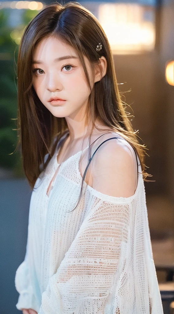 Top quality, realistic, perfect human body structure, very detailed, very delicate and beautiful, RAW photography, night cityscape, professional lighting, face lighting, depth of field, single focal, full body photo, 13 year old woman, brown hair, brown eyes, small head, ((big)), baby face, fashion girl, beautiful eyes, real face, real skin, real face, realistic skin, detailed eyes, (fashionable hairstyle: 1.3), Sexy pose, viewer, looking at detailed face and breasts, middle school student