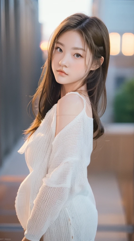 Top quality, realistic, perfect human body structure, very detailed, very delicate and beautiful, RAW photography, night cityscape, professional lighting, face lighting, depth of field, single focal, full body photo, 13 year old woman, brown hair, brown eyes, small head, ((big)), baby face, fashion girl, beautiful eyes, real face, real skin, real face, realistic skin, detailed eyes, (fashionable hairstyle: 1.3), Sexy pose, viewer, looking at detailed face and breasts, middle school student