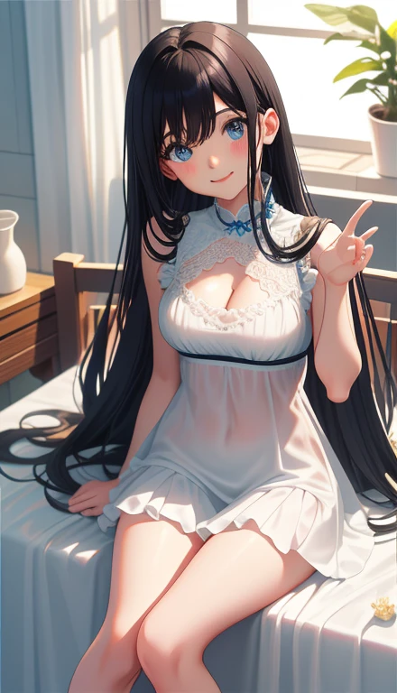 ,seductive Anime Girls, beautiful alluring Anime Women, Beautiful and attractive anime , beautiful Anime Women, attractive Anime Girls, beautiful Anime Girls, Smooth anime CG art, (Anime Girls), Long Hair, Anime Girls, Anime Women, Highly detailed art gems、After bath、Lying on your back、Lying down、Elevate your legs、White lace sleeveless、See-through white shorts、Perfect clothing for the skin、Thighs、Large Breasts、Ample breasts、Deep cleavage、just out of the bath、Embarrassed、smile、bed、Black Hair、はだけたThighs、Spread your legs、Transparency、Transparencyのある服