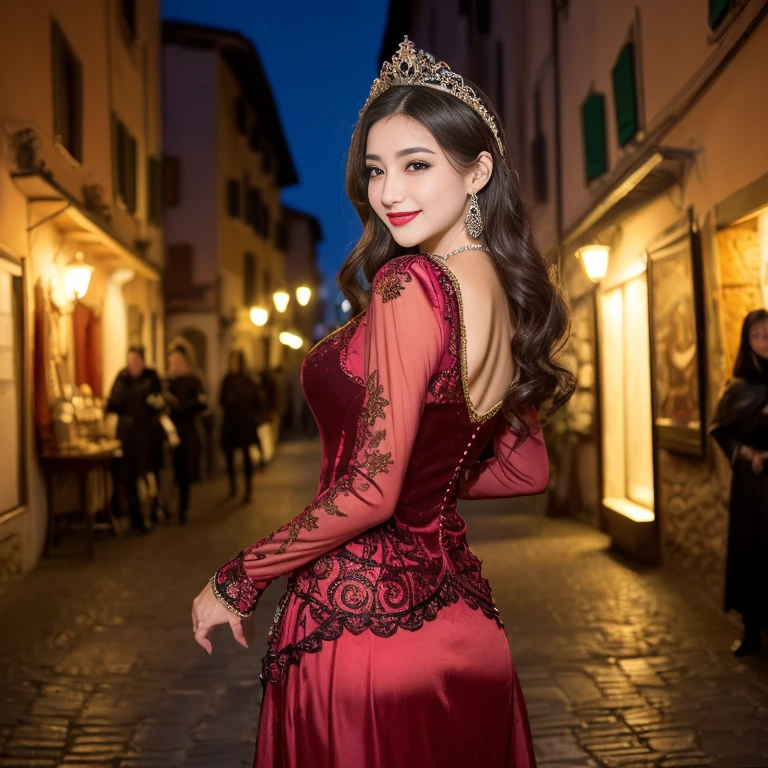((top-quality、masutepiece、8K、Top image quality、Highly complex and detailed depictions))、(Photos of the majestic and most beautiful goddesses of Italy:1.3)、Luxury red-light district of medieval Italy、(The most luxurious and intricate goddess costumes:1.3)、(The most extravagant and majestic goddess huge gorgeous costume:1.3)、((The most gorgeous Italian goddess costume、The most extravagant and lewd red-light district、An unimaginably huge entertainment district、A very luxurious and obscene red-light district in medieval Italy、A huge red light district at midnight in medieval Italy、Very complex decoration)、(View me、Bewitching smile、long eyelashes、Perfect makeup、lipsticks、A slight smil)、(perfect anatomia:1.2)、(blurry backround:1.1)、(Portrait photos:1.2)、spectacular movie lighting、(romantic mood night:1.1)、(Perfectly recreates the atmosphere of a medieval Italian red-light district:1.3)、(obscene entertainment district:1.1)、(Obscene mood 1.1)
