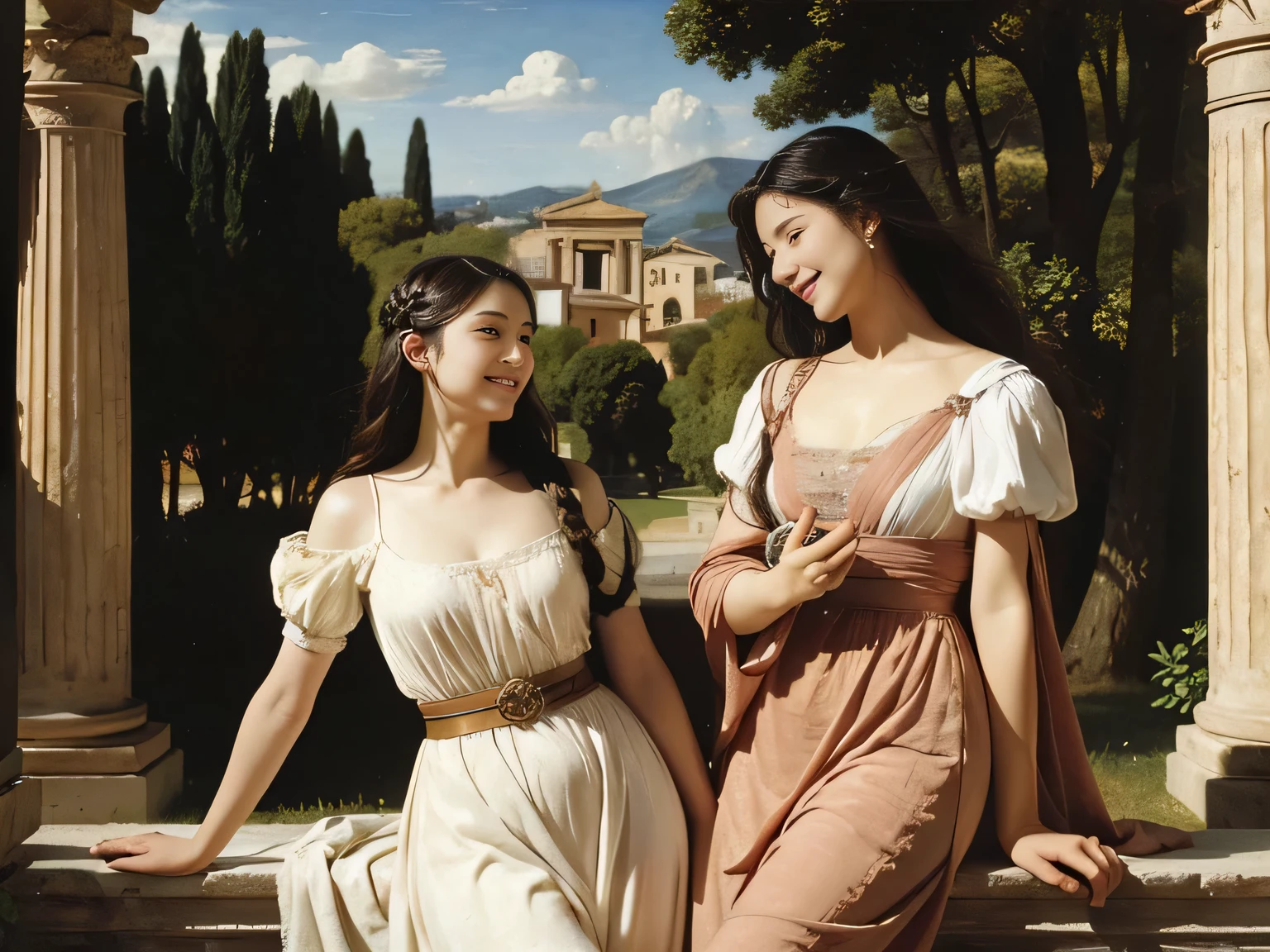 full body portrait or statue、Giorgione painting style,Arguments of two female Philosophe,math、astronomical machine、astronaut、roses in vase、fruits、Cute trinkets、smile、ancient greek costume、Ancient Roman landscape in the style of Nicolas Poussin,laughter,,Sweet and seductive appearance.、Caravaggio's paintings、Chiaroscuro of Caravaggio、hair tousled by the wind,Two women frolicking,cute smile, expression of ecstasy,Sexy,erotic,