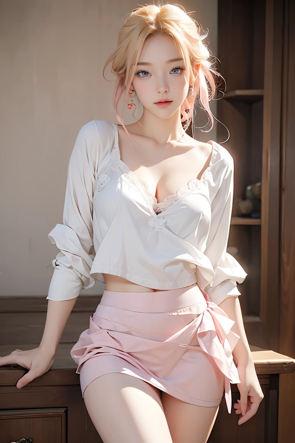 Very beautiful, masterpiece, sexy blonde, pink hair, blue eyes, expressive eyes, detailed skin, realistic skin texture, detailed eyes, cleavage, white bra with rose, pink lace panties, short skirt, white skirt, low panties skirt, round buttocks