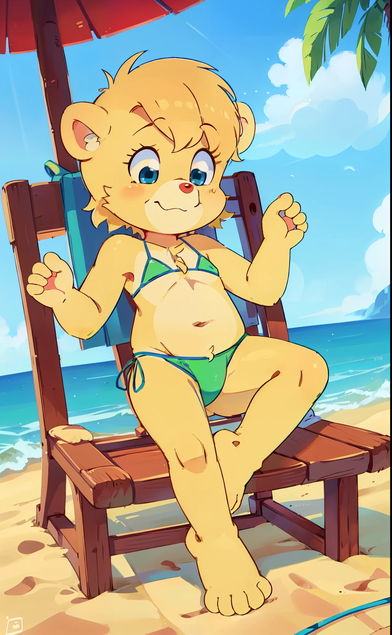 full-length_portrait, Sunni Gummi, bear, young, blonde hair, blue eyes, red nose, yellow body fur, detailed face, detailed eyes, detailed body fur, glistering body, shiny body, gorgeous body, masterpiece, full body, feets whit three toes, ((orange frilly bikini)), looking at you, beach, clear sky, full body, feets with three toes, 3 toes, lying on beach towel, sfw, 