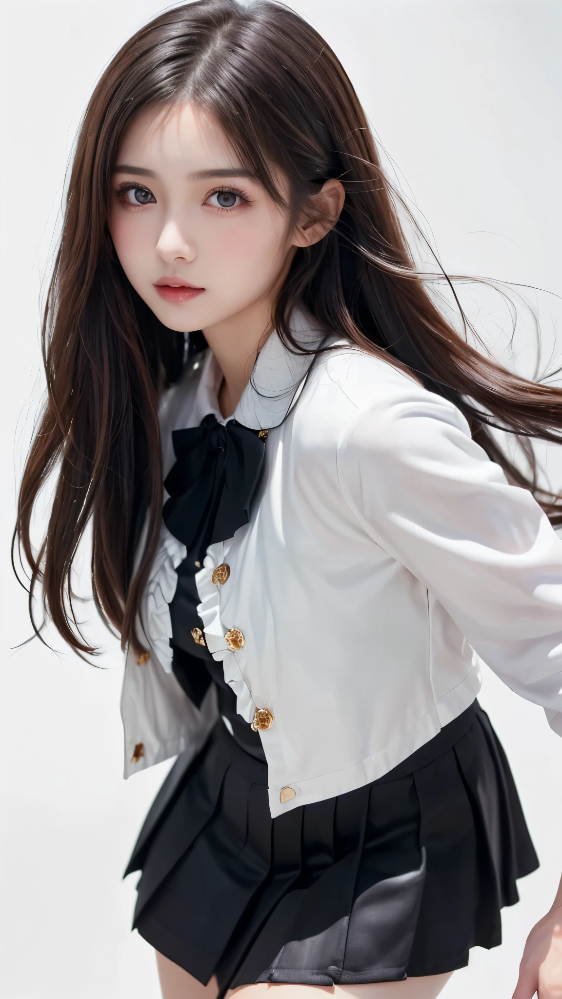 ((((Black Hair、forehead、long hair、Long Hair、腰までのLong Hair、Glowing Skin、Fair skin、Plump Lips、Straight Hair、Gray eyes、白Gal、Gal、Idol Costumes、Stage Costumes、uniform、Jacket、blouse、mini skirt、race、Frills、Northern Europe、White background、シンプルなWhite background)))))))、、masutepiece, Best Quality, Photorealsitic, finely detail, hight resolution, 8K Wallpapers, Perfect dynamic composition, Beautiful detailed eyes, 18 year old、(Drooping eyes 1.4)、Adult beauty、japanes