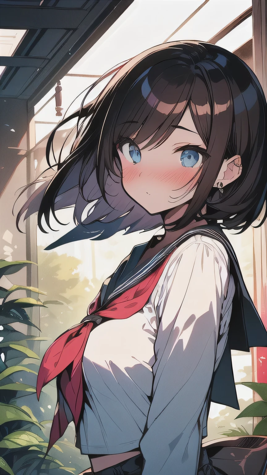 (best quality), (Super detailed), (Best Illustration), (masterpiece), (woman), high contrast, {(serafuku:1.2)}, (large breasts), {brown hair, (sideburns), (bob cut:1.3), curly hair, hairs between eyes, colored inner hair}, {(detailed eyes), blue eyes}, blush, earring, wind, (botanical railroad)
