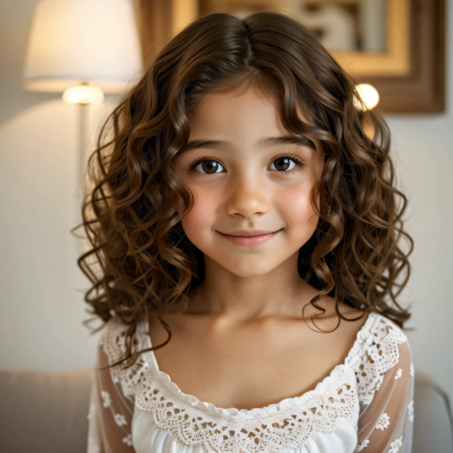 Here is a description of a girl of 9- with curly hair., light brown eyes, Talla mediana y tono de piel claro., que encarna rasgos facial harmoniosos y um comportamento encantador: Transparent pajama top with 4 kitten breasts Magnificent cinematographic photograph of a charming girl of 9 to 10 years oldghts of curly hair and warm medium-sized eyes., Light brown color, que brilham con assombro y curiosidad. Su tono de piel oscuro y rico se suma a su cautivadora eu belleza, acentuando el equilibrio perfecto de sus armoniosos e rasgos faciales. Clothes are transparent pajamas
(Mejor calidad, Ultradetallado: 1.2), Conmovedor cierre.