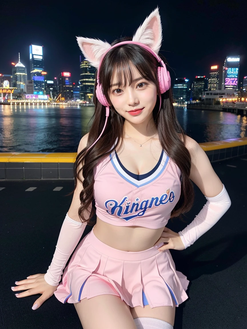 Full body photo、whole、最high quality, masterpiece, 32k、Very detailed、Realistic、1 girl, Japanese women、Cute face, (photo Actual:1.3), Edge lighting, (Skin with attention to detail:1.2), 8k超High resolution, Single-lens reflex camera, high quality, High resolution, 4K, 8k, Optimal ratio of four fingers to one thumb, (Actual:1.3), smile、自然なsmile、Baseball Cheerleader Costumes(Bright pink、Light blue line design、Japanese professional baseball cheerleaders)、Cat ear headphones(ピンク色のネオンCat ear headphones)、cute 1 girl, Realistic、Super Realistic、32k、Very detailed、masterpiece, 最high quality, beautiful girl, beauty、 Mecha, Beautiful lighting, Sitting,Cyber Neon、Future City、Skyscraper、City Night、Shanghai、Big cities、Night view、綺麗なNight view