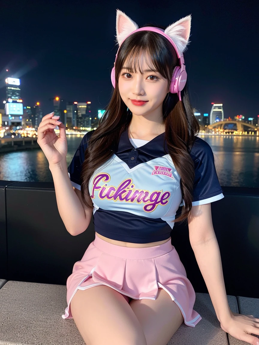 Full body photo、whole、最high quality, masterpiece, 32k、Very detailed、Realistic、1 girl, Japanese women、Cute face, (photo Actual:1.3), Edge lighting, (Skin with attention to detail:1.2), 8k超High resolution, Single-lens reflex camera, high quality, High resolution, 4K, 8k, Optimal ratio of four fingers to one thumb, (Actual:1.3), smile、自然なsmile、Baseball Cheerleader Costumes(Bright pink、Light blue line design、Japanese professional baseball cheerleaders)、Cat ear headphones(ピンク色のネオンCat ear headphones)、cute 1 girl, Realistic、Super Realistic、32k、Very detailed、masterpiece, 最high quality, beautiful girl, beauty、 Mecha, Beautiful lighting, Sitting,Cyber Neon、Future City、Skyscraper、City Night、Shanghai、Big cities、Night view、綺麗なNight view