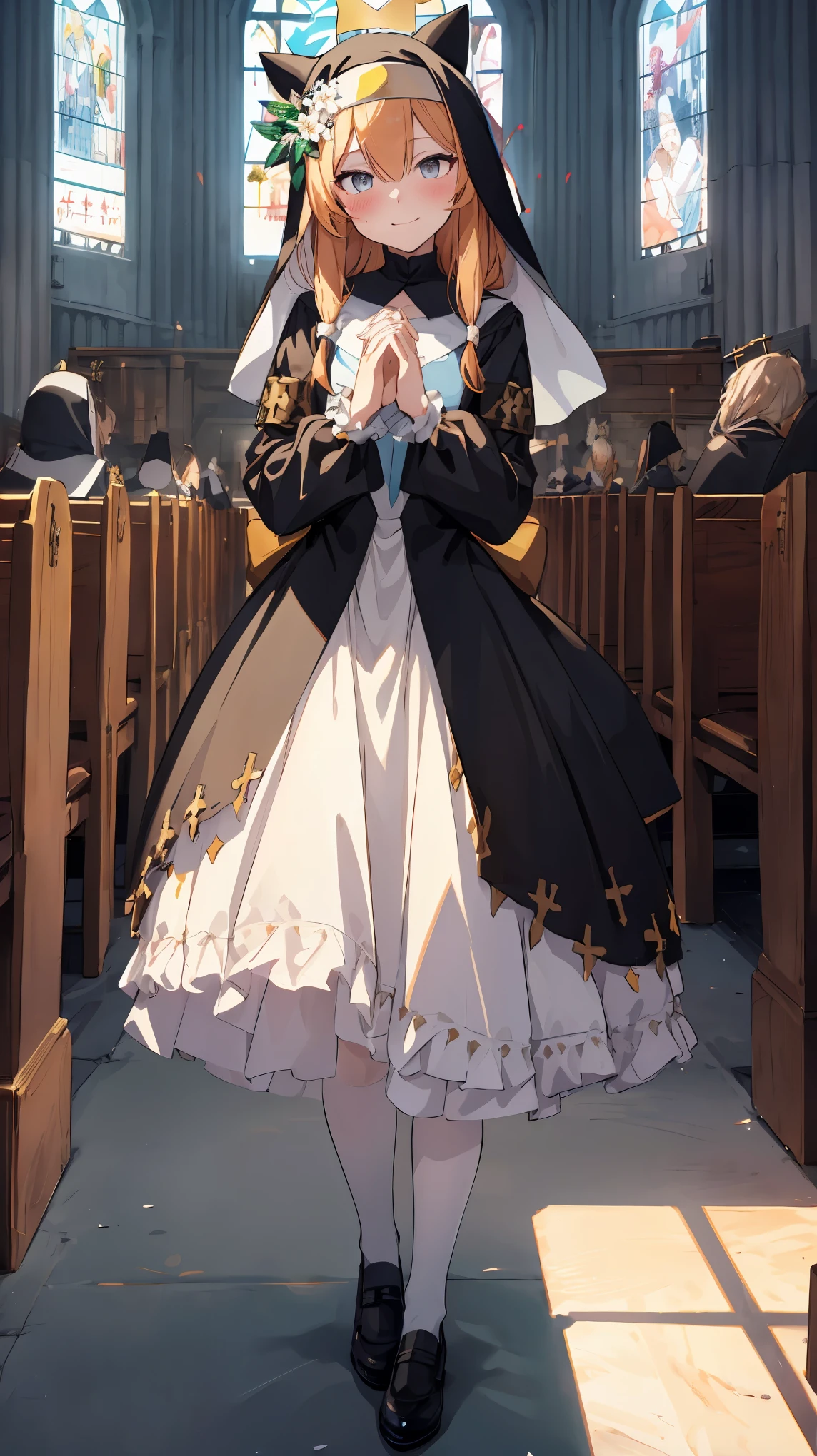 mari,nun,long skirt,embarrassed ,blush, full body, Colorful portraits, church,masterpiece,Noise Reduction,perfect anatomy,high resolution, ultra-detailed,game cg,dutch angle ,beautiful detailed eyes,visualart,five fingers, perfect hands, perfect lighting,