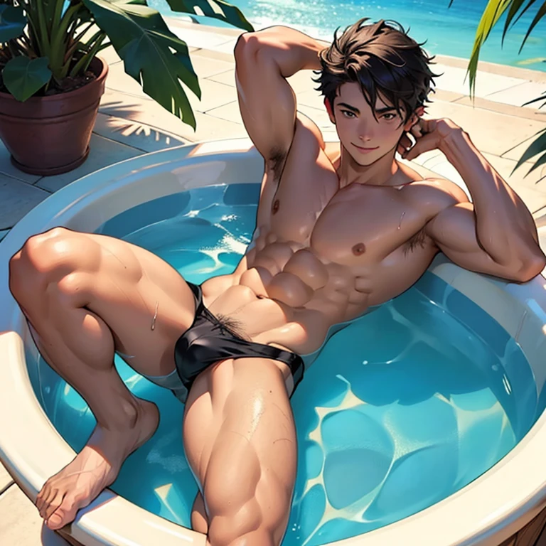 Un hombre, fornido, adolescente, en un jacuzzi, mirada penetrante, sentado, posing with arms outstretched and back, sonriendo