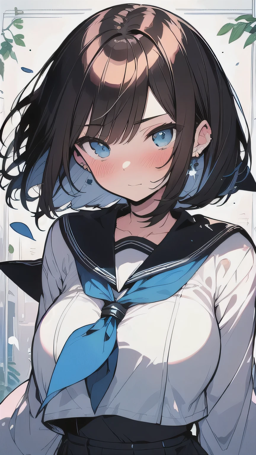 (best quality), (Super detailed), (Best Illustration), (masterpiece), (woman), high contrast, {(serafuku:1.2)}, (large breasts), {brown hair, (sideburns), (bob cut:1.3), curly hair, hairs between eyes, colored inner hair}, {(detailed eyes), blue eyes}, blush, earring, wind, (botanical railroad)