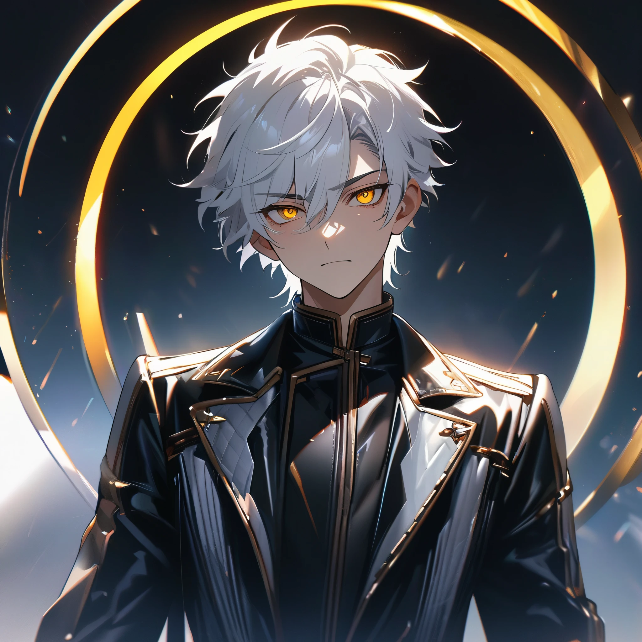 High quality, HD, 4k, handsome male, 1male, 17 years old, teenager, golden lining, short white hair, sharp eyes, gold eyes, devil may cry, close up, calm expression, stoic expression, black leather clothes, white leather clothing, upper body, looking at viewer, cowboy shot, white solar, shining background