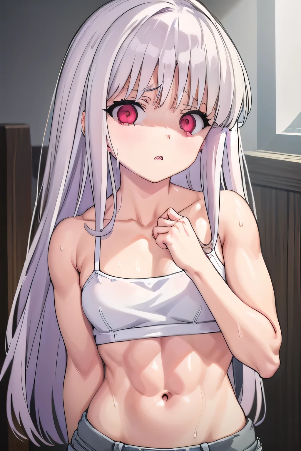 masterpiece, best quality, ultra-high-detailed, Disgusted face, white hair, red eyes, sigtuna julie , small breast, looking viewer like a trash , deep eyes , down shot, Warm body, hot body, A lot sweat , more sweat, hot temperature, sweating, Sweated a lot, warm room, bare shoulder, showing shoulder, Collarbone, Six pack, abs, crop top, short denim, selfie, muscular , handphone , camisole, focus to face