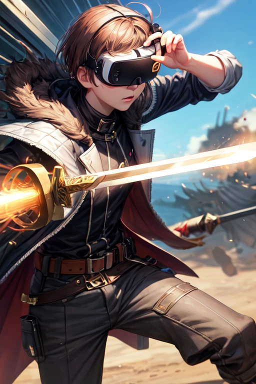 
using VR and the background is a battlefield  he has sword 
