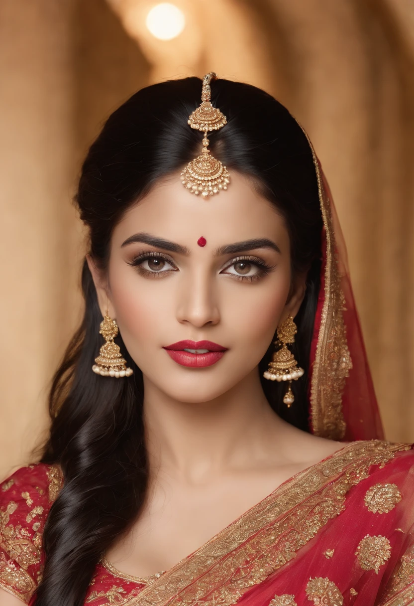 (photorealistic:1.37),indian women,sexy,detailed eyes,detailed lips,long black hair,golden jewelry,flowing fabrics,navel,sexy saree wearing ,vibrant colors,ornate headpiece,ornamental hilt,confident expression,graceful pose,beautiful,princess