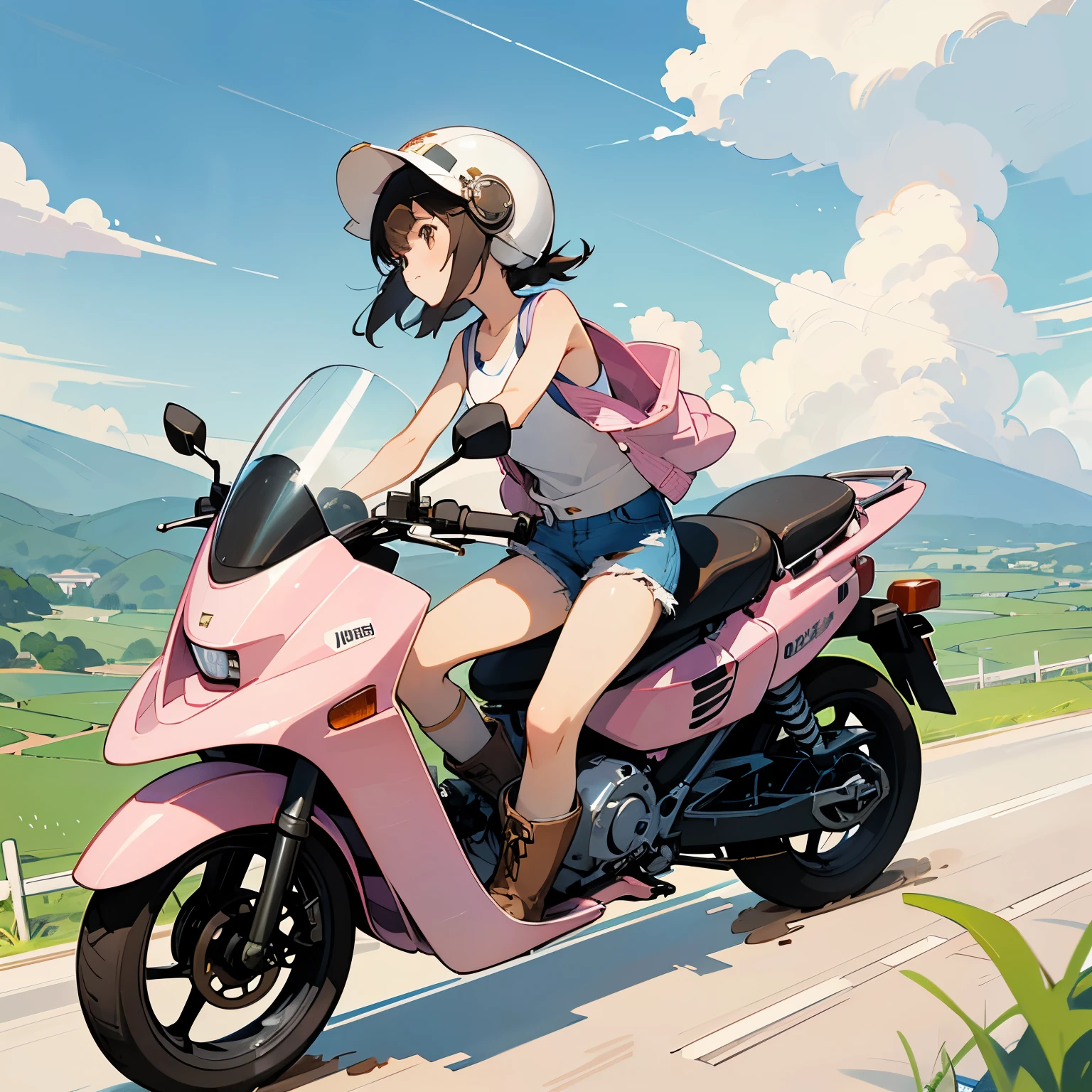 Highest quality、A girl is riding a white Super Cub、Dark brown short cut、(He is wearing a jet helmet with white and black lines running down the center of the helmet from front to back.、White tank top、Pink jacket、Denim shorts、White knee-high socks、Brown work boots:1.3)、Japanese countryside scenery、Road beside the stream、Small creek、Dirt Road、Weeds grow along the side of the road、Blue sky、White clouds floating、Early summer sky、