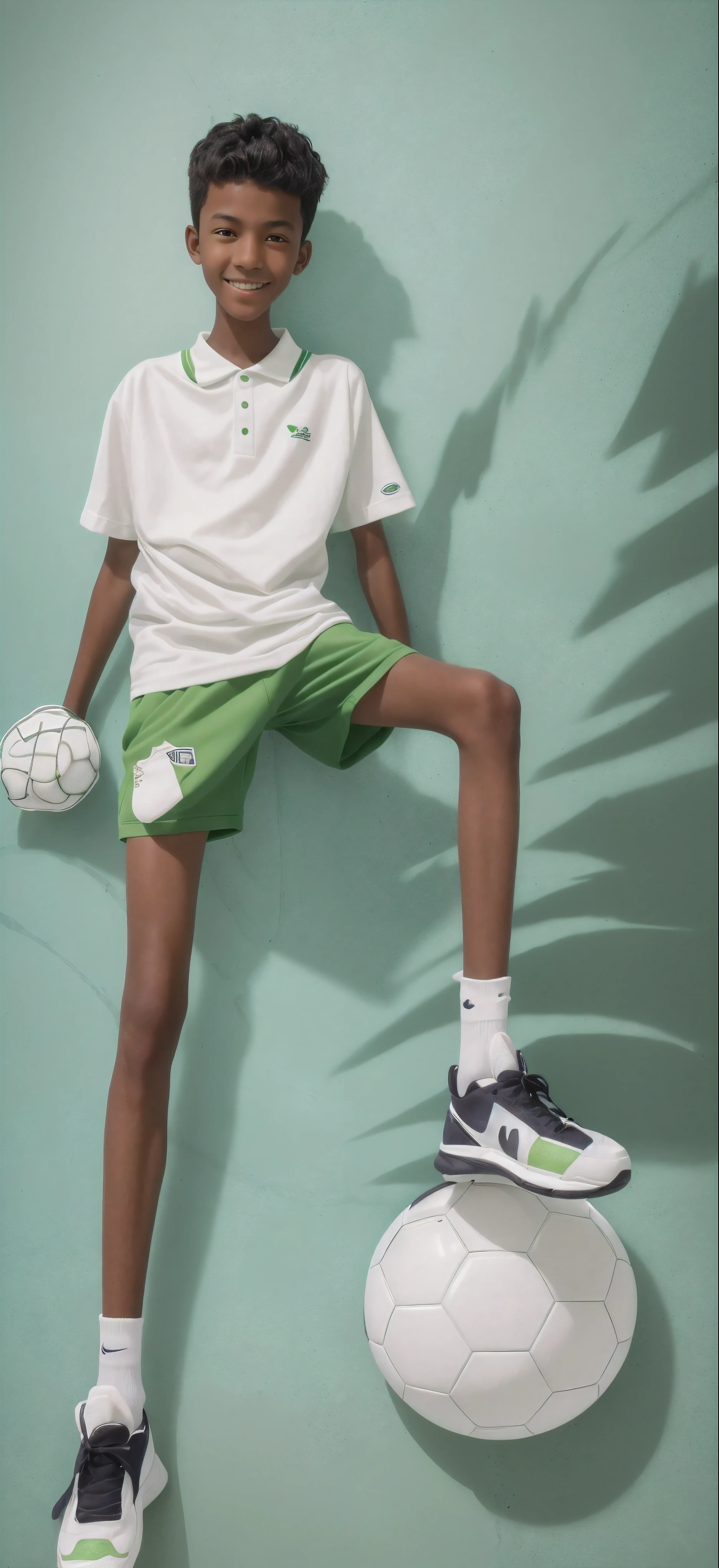  boy，（Wearing white tennis clothes，Wearing green socks），Dark skin，Big round eyes，Very short hair，Tall and skinny，Toothy Smile，Sharpen details，Knee bending