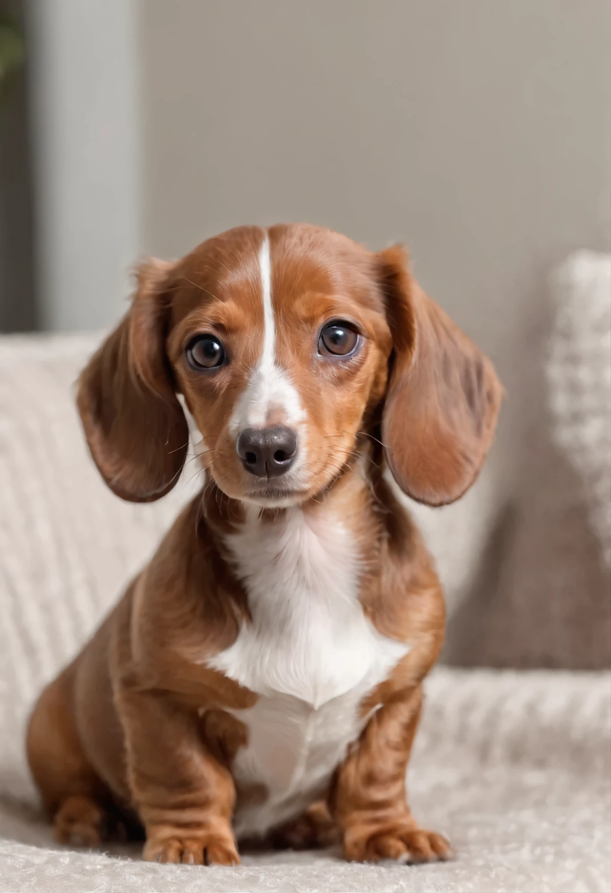 （The whole body is brown, but the hair on the chest is white and impressive.：1.8），Brown miniature dachshund, （Black eyes and nose、The nose is fresh and shiny）、((Sitting on the sofa，whole body、looking at the camera)),  Looks like a lot of fun，Sparkling eyes、Open your mouth excitedly、Biologically correct