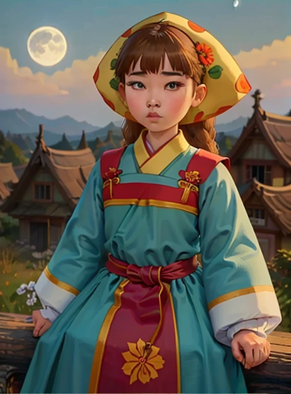 Lubava, Best quality, high_permission, distinct_image, detailed background ,girl, Hanbok,flower,USA,Moon, night, wide shot, crown, 