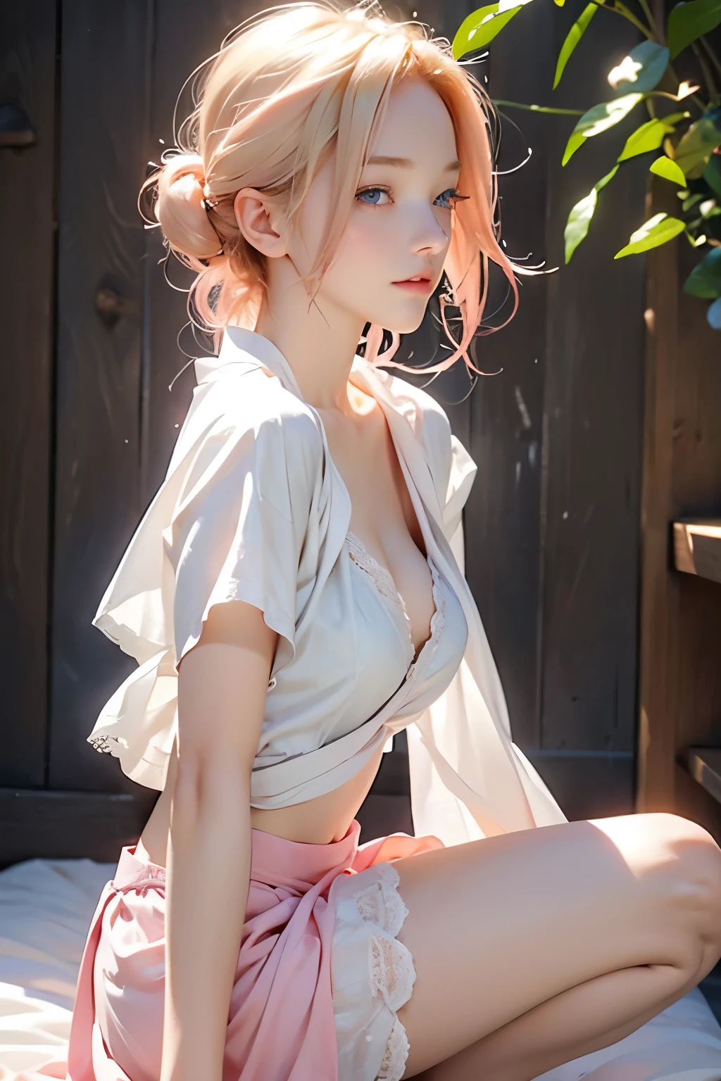 body: pale skin, strawberry blonde hair, girl, hair down,  slightly freckled, slight overweight, soft, busty, navel
clothing: hair ribbon, thin sheer robe, low opacity fabric
pose: blushing, slightly smiling, bliss, lying down, legs parted, hands in panties
setting: sauna
aesthetic: average person, soft face, well lit room, soft eyes,