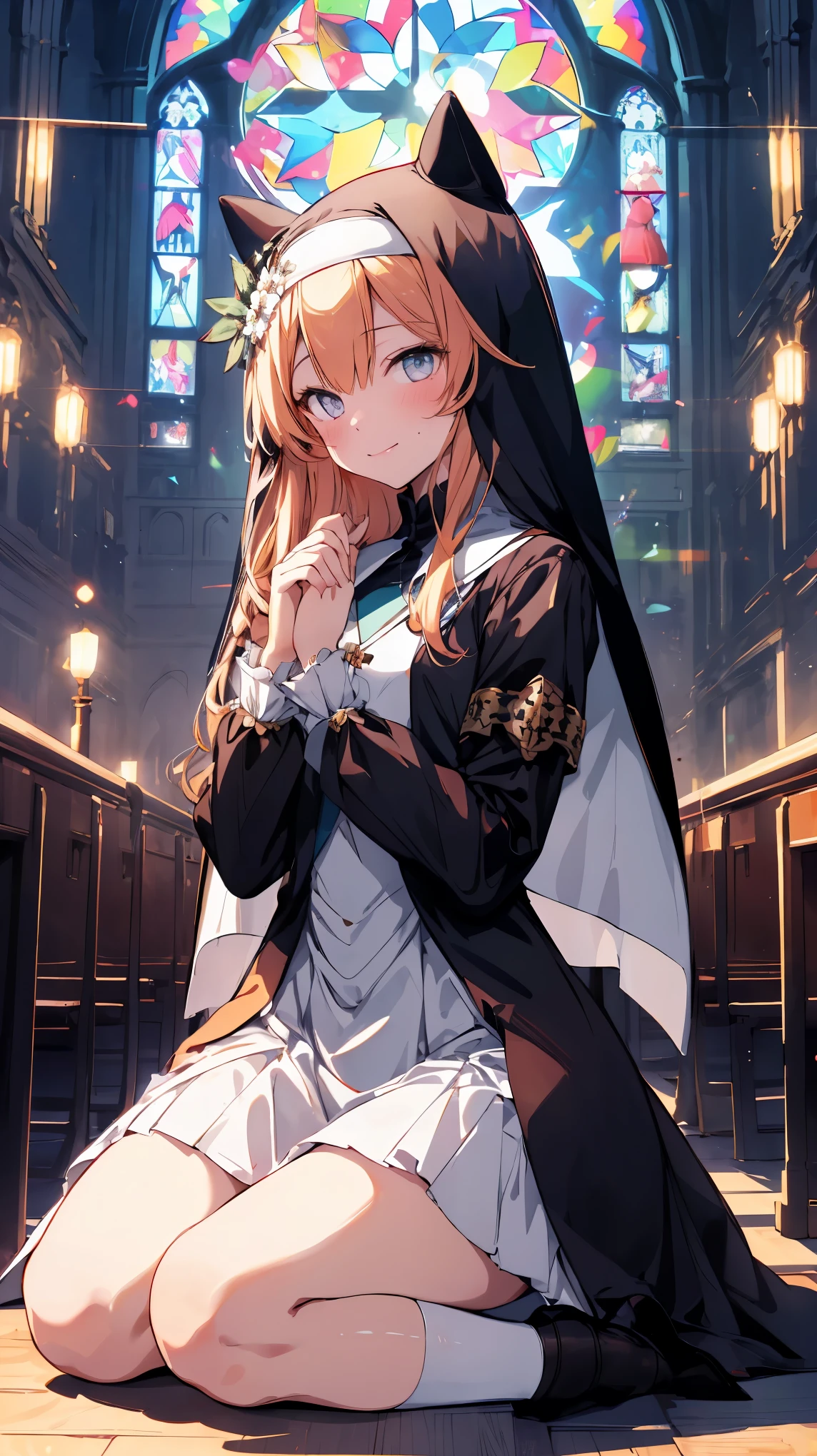 mari,nun,long skirt,embarrassed ,blush, full body, Colorful portraits, church,masterpiece,Noise Reduction,perfect anatomy,high resolution, ultra-detailed,game cg,dutch angle ,beautiful detailed eyes,visualart,five fingers, perfect hands, perfect lighting,