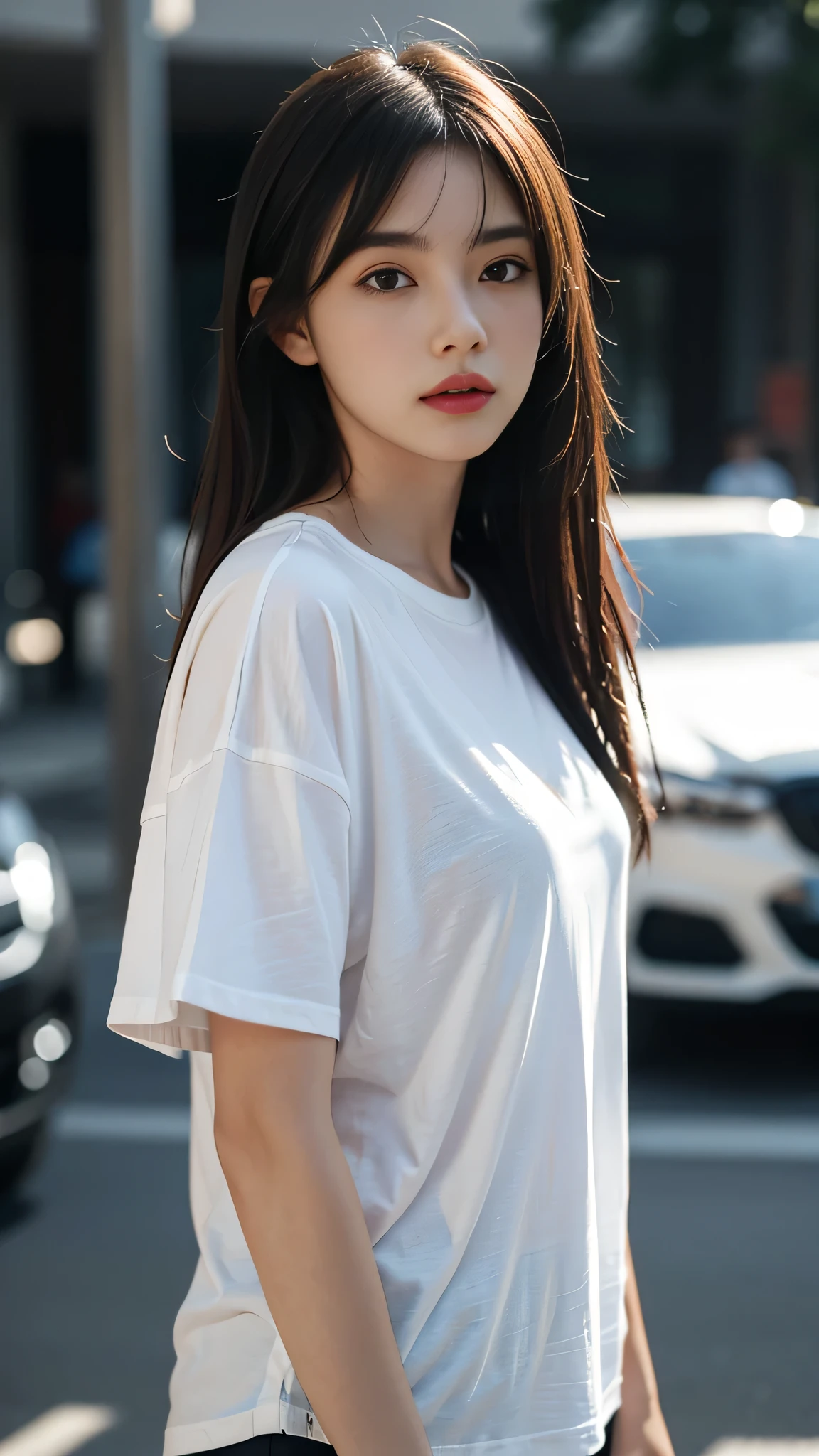 Girl in oversize t-shirt and short for photo、oversize t-shirt、Moderately bust、22-year-old female model, CG rendering, Blurred background, deep shadow, 16K, Very detailed, wallpaper, depth of field, movie light, lens flare, Ray tracing.