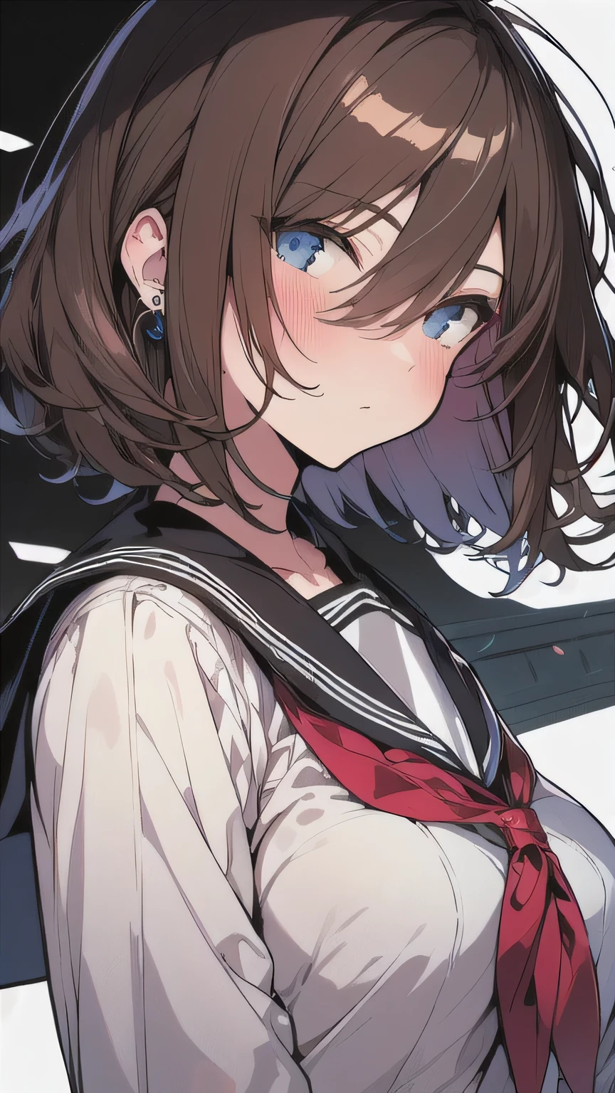 (best quality), (Super detailed), (Best Illustration), (masterpiece), (woman), high contrast, {(serafuku:1.2)}, (large breasts), {brown hair, (sideburns), (bob cut:1.3), curly hair, hairs between eyes, colored inner hair}, {(detailed eyes), blue eyes}, blush, earring, wind, (train)