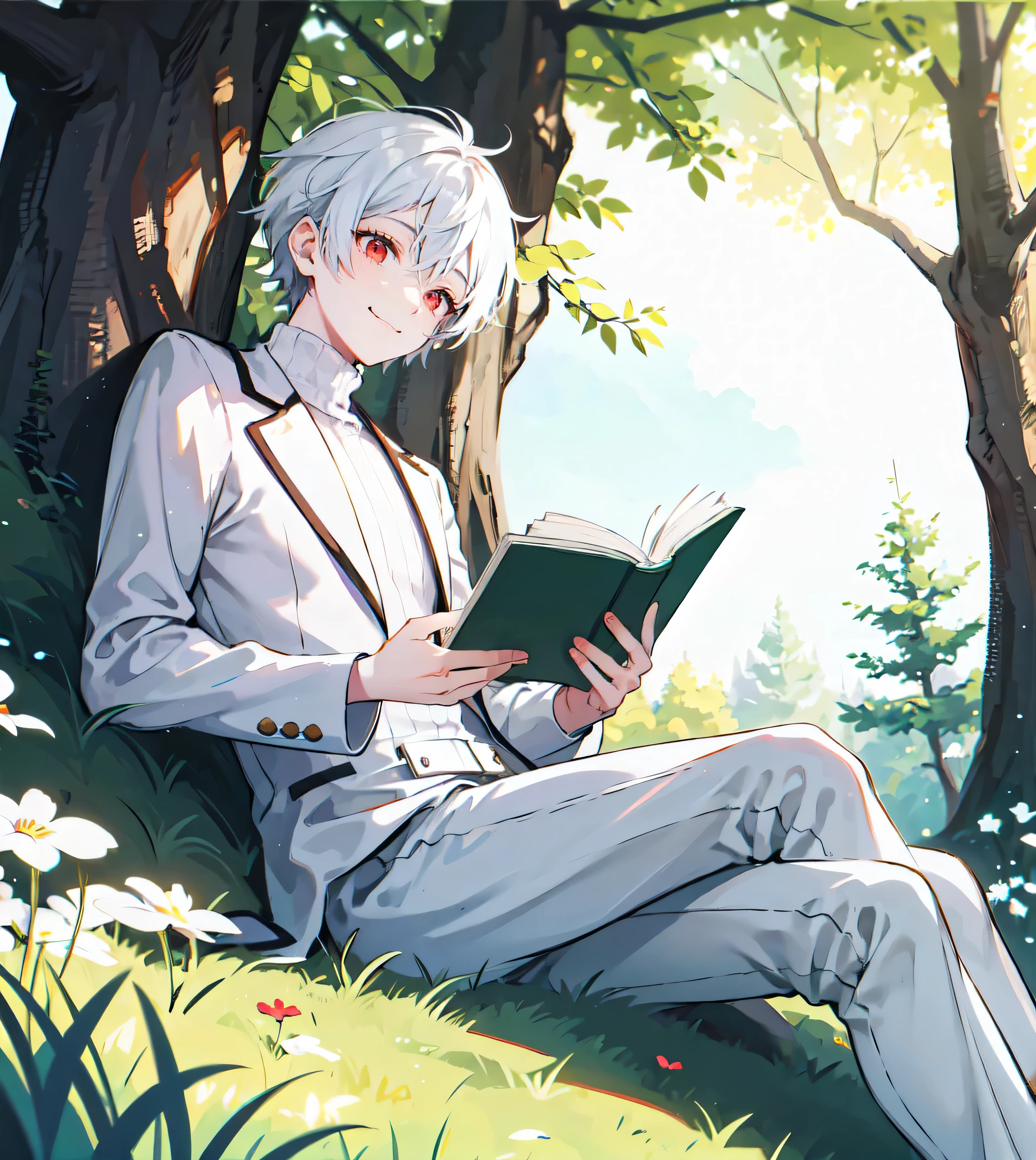 A boy with short white hair and red eyes.. , white turtleneck , wearing a white suit , Reading a book , dazed face, smile a little , Under the tree in the grassland , Head-waist , flashy colors , Low angle shot