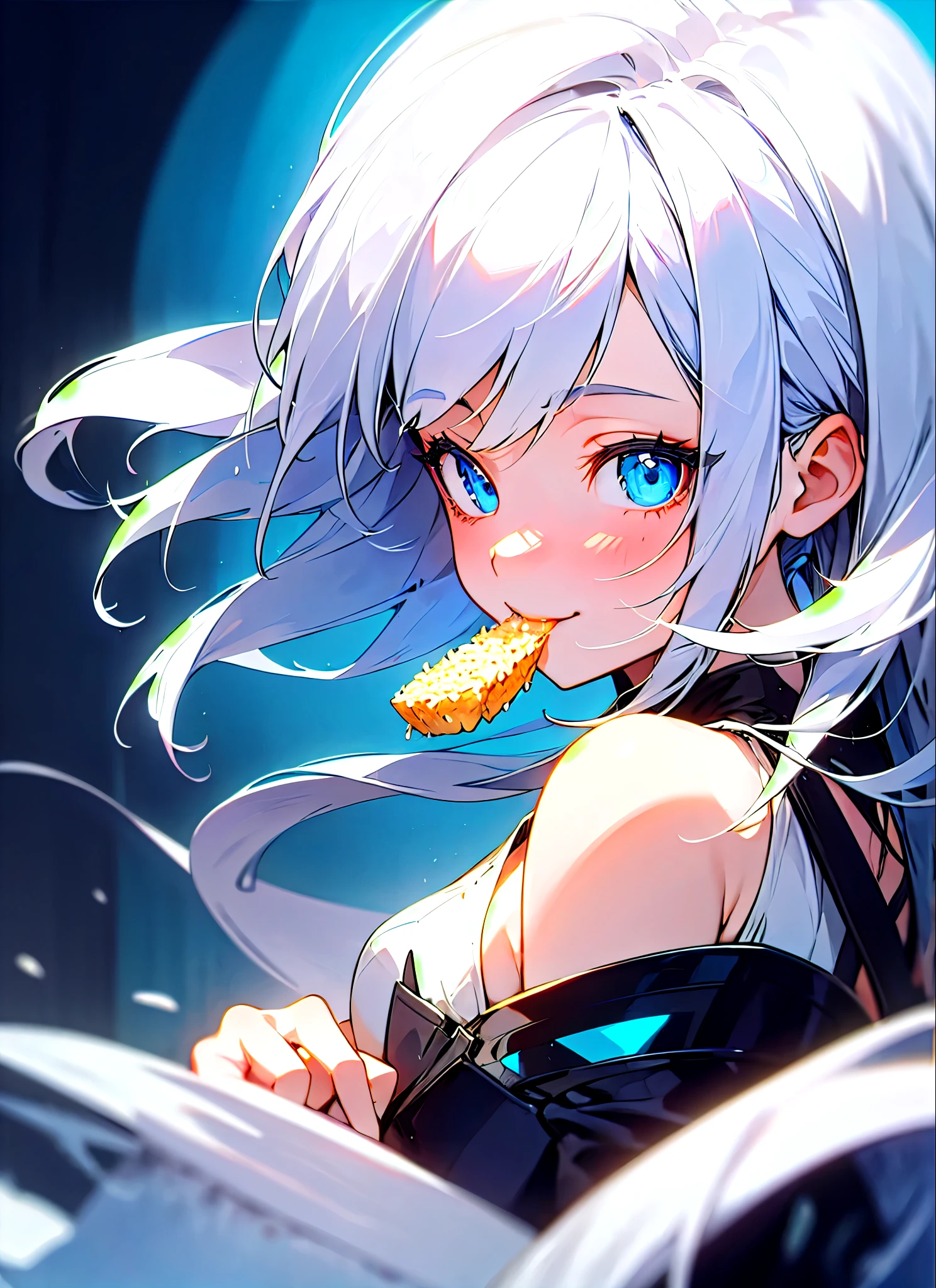 One girl、alone、Silver Hair、Long Hair、Beautiful Blue Eyes、Vibrant colors、smile、From the side、Slender body、Eating rice、Upper body close-up