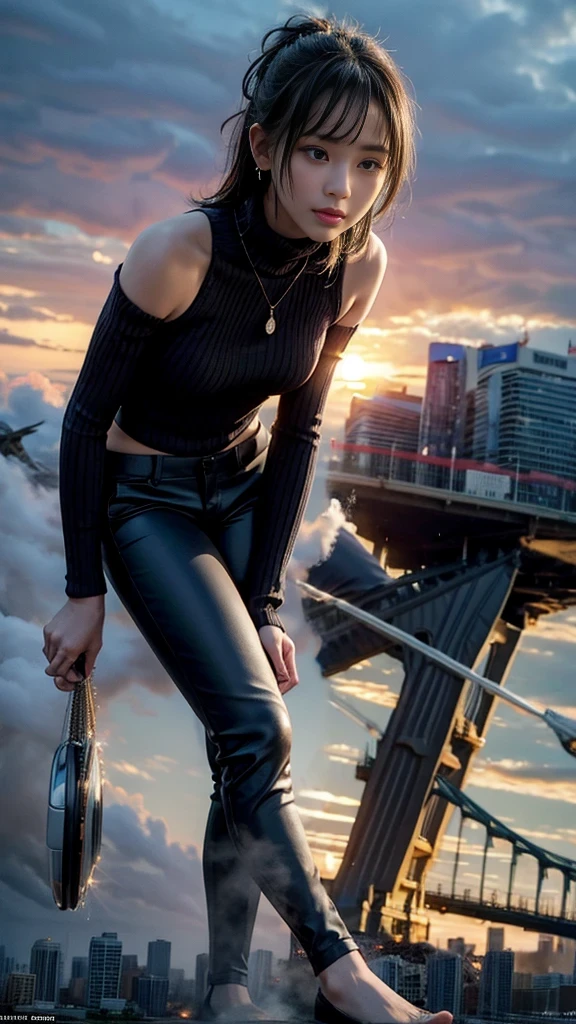 (32k, High resolution, highest quality, masterpiece, 超High resolution), ((Giantess Elements, Typhoon heavy rain)), From above, Perfect dynamic composition:1.2, (Modern city at night, Expressions of sadness:0.7), Highly detailed skin and facial textures:1.2, (Towering Giant Young Woman:1.0, Higher than skyscrapers:1.0, 65,000 feet high:1.0, Incredibly slim body:1.0), Fair skin, Sexy beauty, Very beautiful face, , Water droplets on the skin, (The rain drips down on my body:0.5, Wet body:0.5, Wet Hair:0.5), (Wet linen pants:1.0, Wet turtleneck sweater:1.0), Shapely breasts, Chest gap, Big eyes that exude beautiful eroticism, Lips that exude beautiful eroticism, necklace, Earrings, bracelet, wedding ring, Shoulder bag, clock, ribbon, Full body portrait, ((Destroy a small city, Burning Small Town, rubble, Destroyed small building, Collapsed highway, Evacuated Residents)), (Major impact, Emphasizing the majesty and power of giants, Increase the destructive element, Lower the building, Making cities smaller)