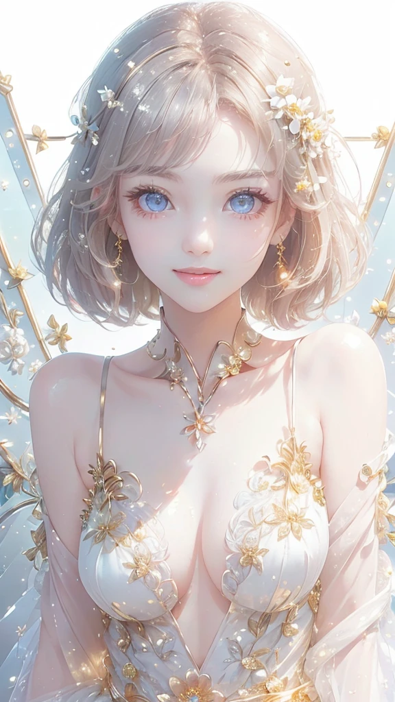 (masterpiece、highest quality、highest quality、Beautiful and beautiful:1.2)、(Good anatomy:1.5)、Focus on the eyes、Painting of a girl with milky white hair、Princess Dress、Jewelry Tiara，Beautiful smile、looking at the camera、Diffuse reflection of light、Gold flower，Silver Flower，Pearl Light