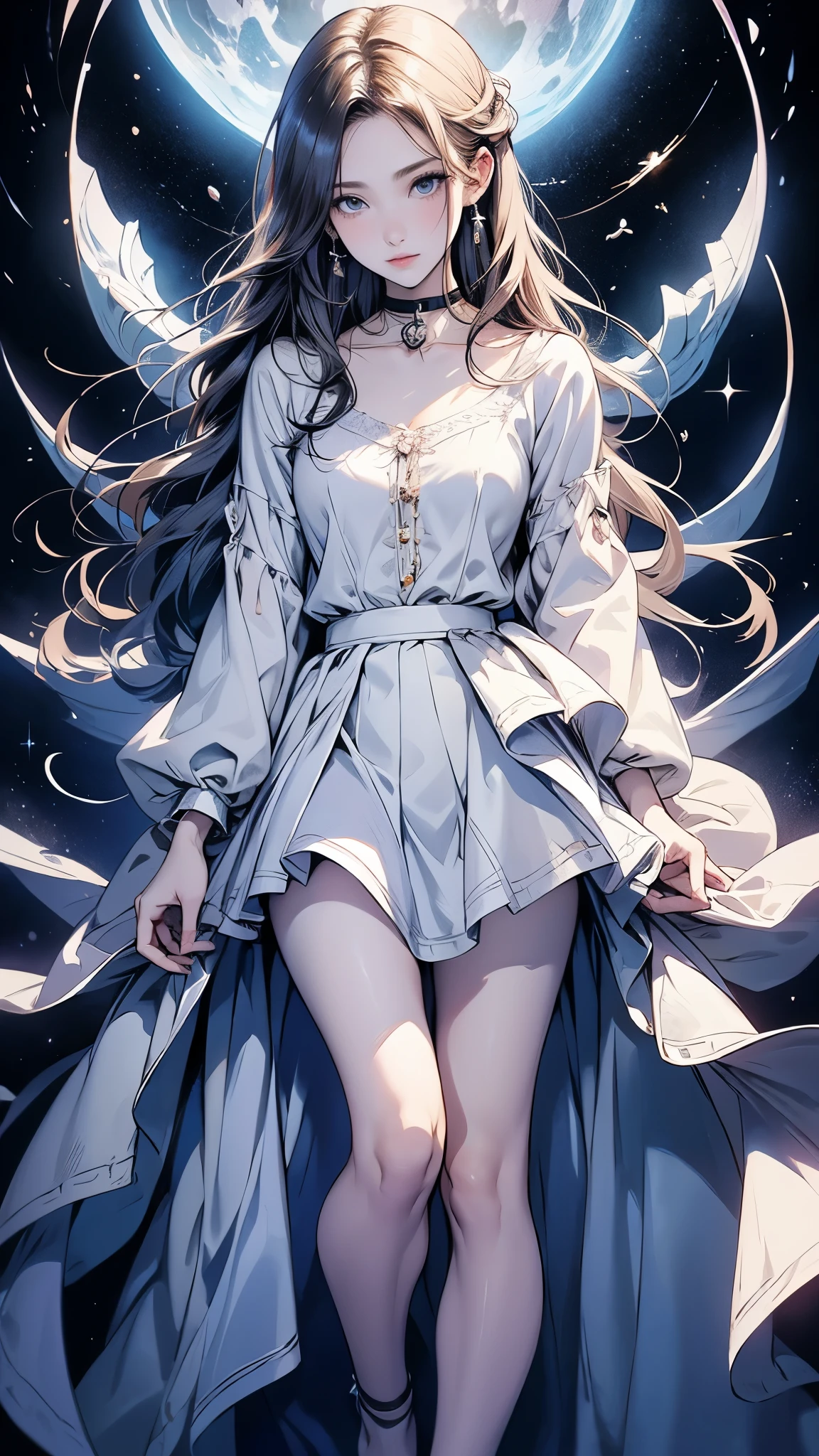 ((Biologically correct limb count))、(( Full body illustration including face))、4K、((Standing posture))、Masterpiece、((Focus on the face))、((Symmetrical, well-proportioned facial features))、Eyes with delicate depictions、Beautiful woman、Outstanding style、Beautiful clavicle、Beautiful legs、Beautiful Hands、Slender Body、Detailed depiction of faces、(shirt、skirt)、Looking up、High angle、The background is a moonlit night