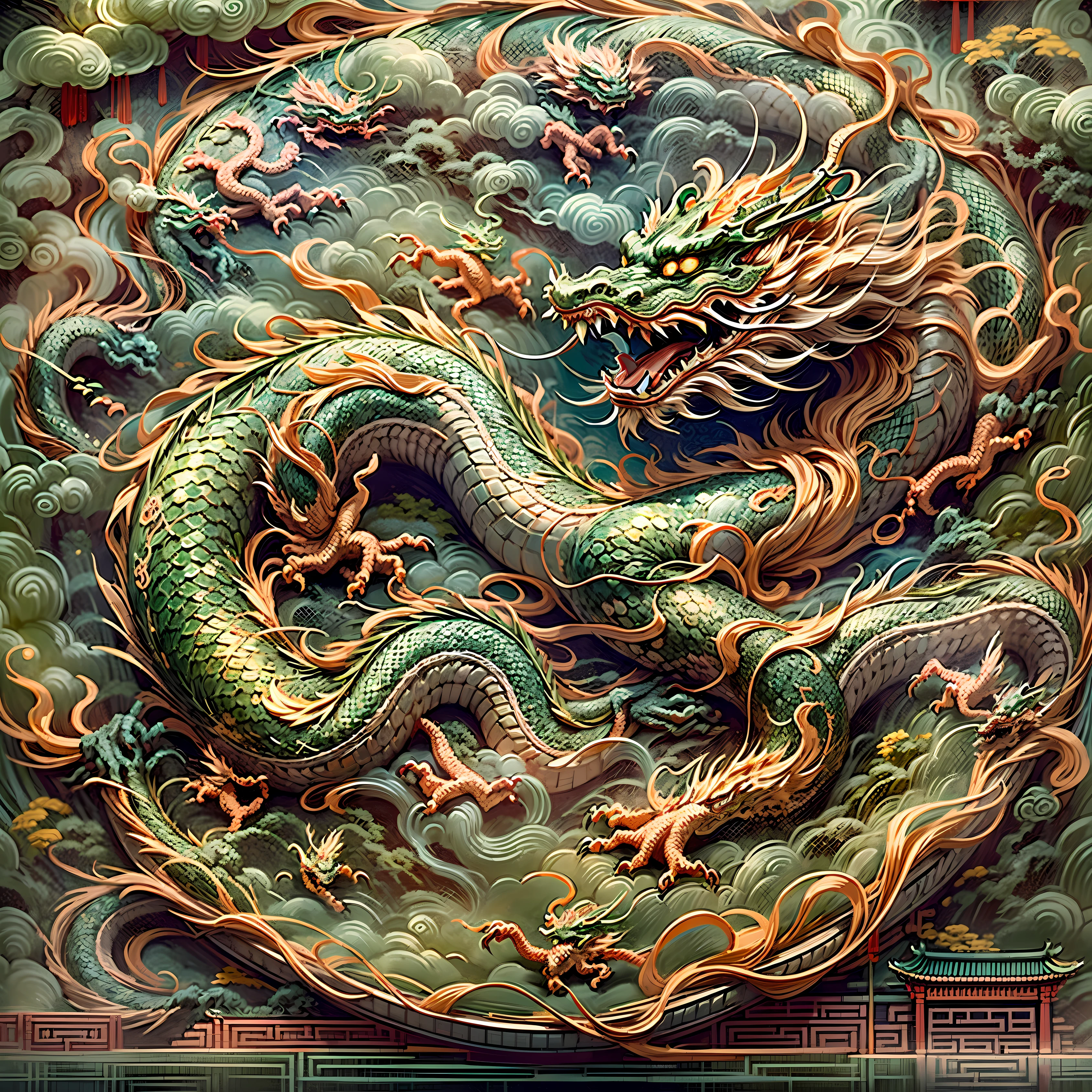 (Masterpiece), 1 round jade wall piece, carved (Chinese Dragon: 1.5), (made of jade and gold, matte finish, worn), (traditional carving, etching technique), It in the collection of the Metropolitan Museum of Art , product aesthetic lenses, Chinese style, , realistic photos