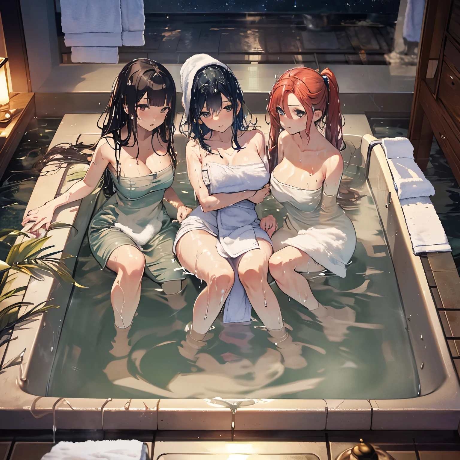 Masterpiece, highest quality, high resolution background, bright and beautiful atmosphere, 3 girls (, 1 short-tempered round face), 1  (hair, surface effects), small breasts, sitting in the sauna, wrapped in a towel Girls, a red-faced mini-pig in pain, a rolling mini-pig, "deltamon_sdXL :0.73) >Deltamon"