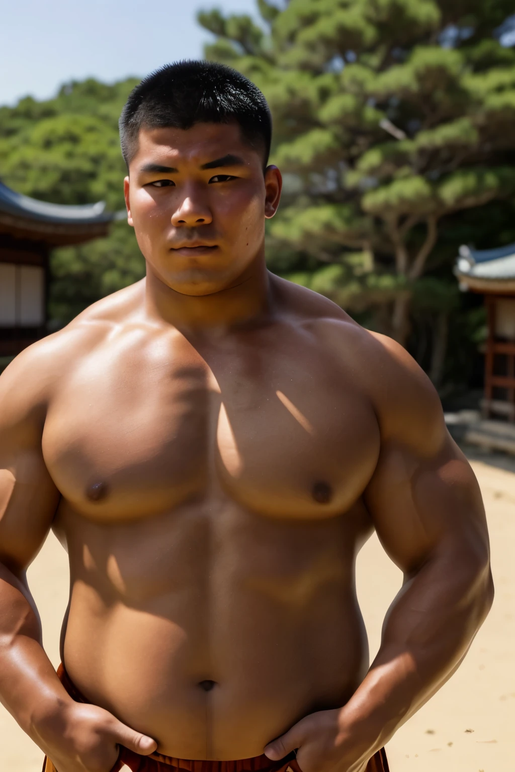 A young monk from ancient Japan, who looks like a fat bodybuilder like a sumo wrestler、He was standing there with a sunburned face and a haggard look on his face,Giant