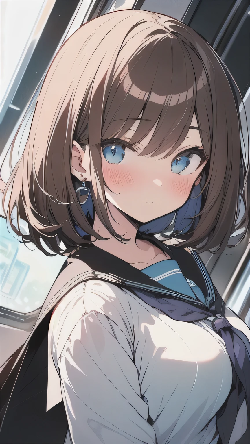 (best quality), (Super detailed), (Best Illustration), (masterpiece), (woman), high contrast, {(serafuku:1.2)}, (large breasts), {brown hair, (sideburns), (bob cut:1.3), curly hair, hairs between eyes, colored inner hair}, {(detailed eyes), blue eyes}, blush, earring, wind, (in train)