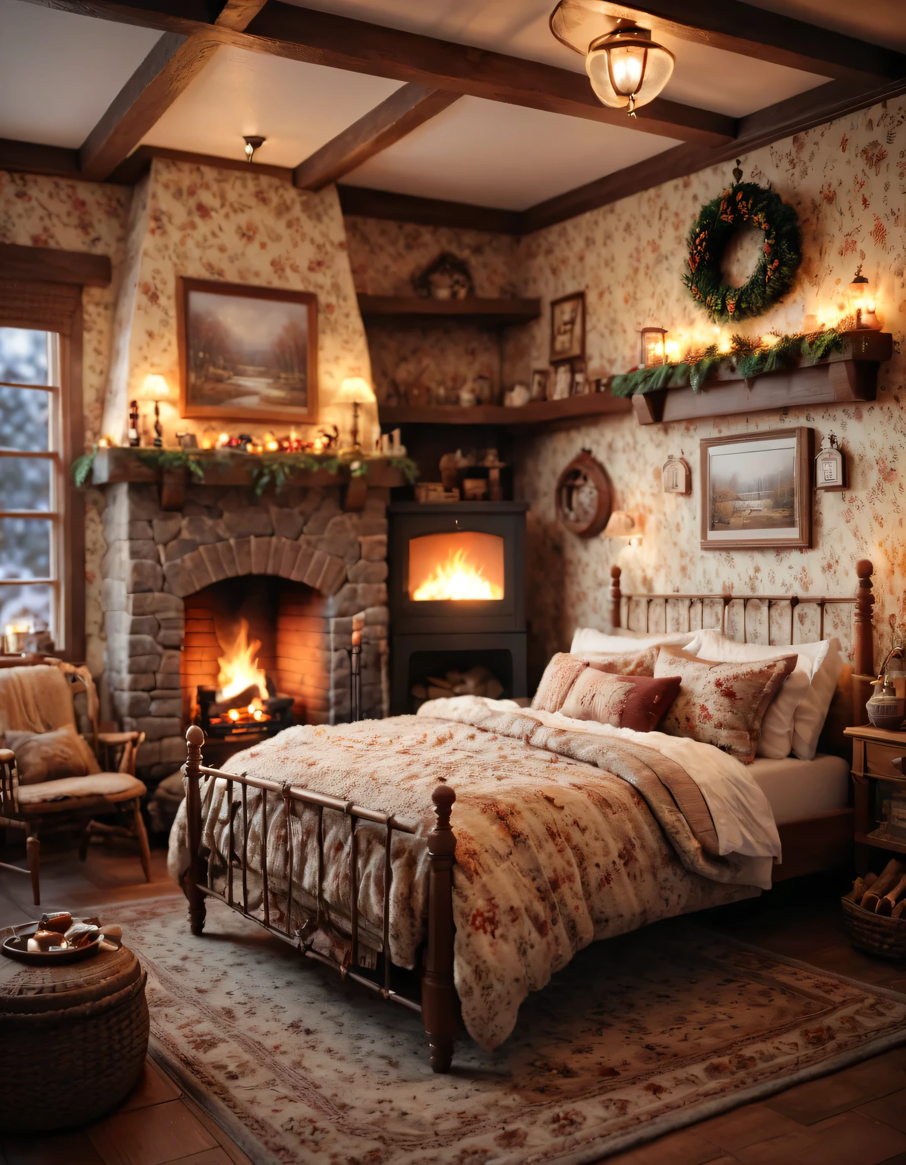 arafed bedroom with a fireplace and a bed in it, a digital rendering inspired by Terry Redlin, trending on cg society, romanticism, thomas kinkade. cute cozy room, very cozy, cozy room, warm interiors, warm fireplace, cozy and calm, warm interior, cozy wallpaper, cozy place, cosy fireplace, bedroom full of fire