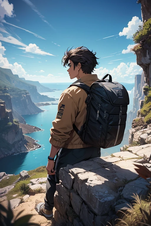 A young man with messy dark hair seen from behind, wearing a tan jacket and carrying a large backpack, standing next to his rugged dirt bike on a rocky cliff overlooking a vast mountainous landscape and ocean under a blue cloudy sky, detailed manga-style illustration with dramatic lighting and shadows "incredibly detailed and realistic painterly style"